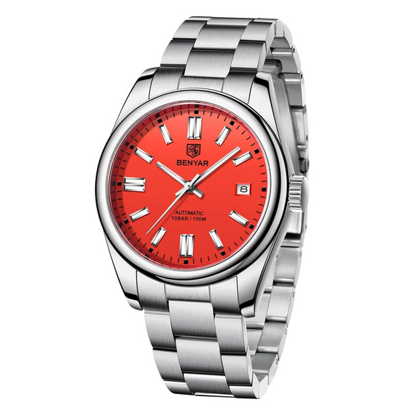 BENYAR Classic Men's  Watch Stainless Steel Strap Waterproof Luminous Simple Business Sports Wristwatch - RED Dial