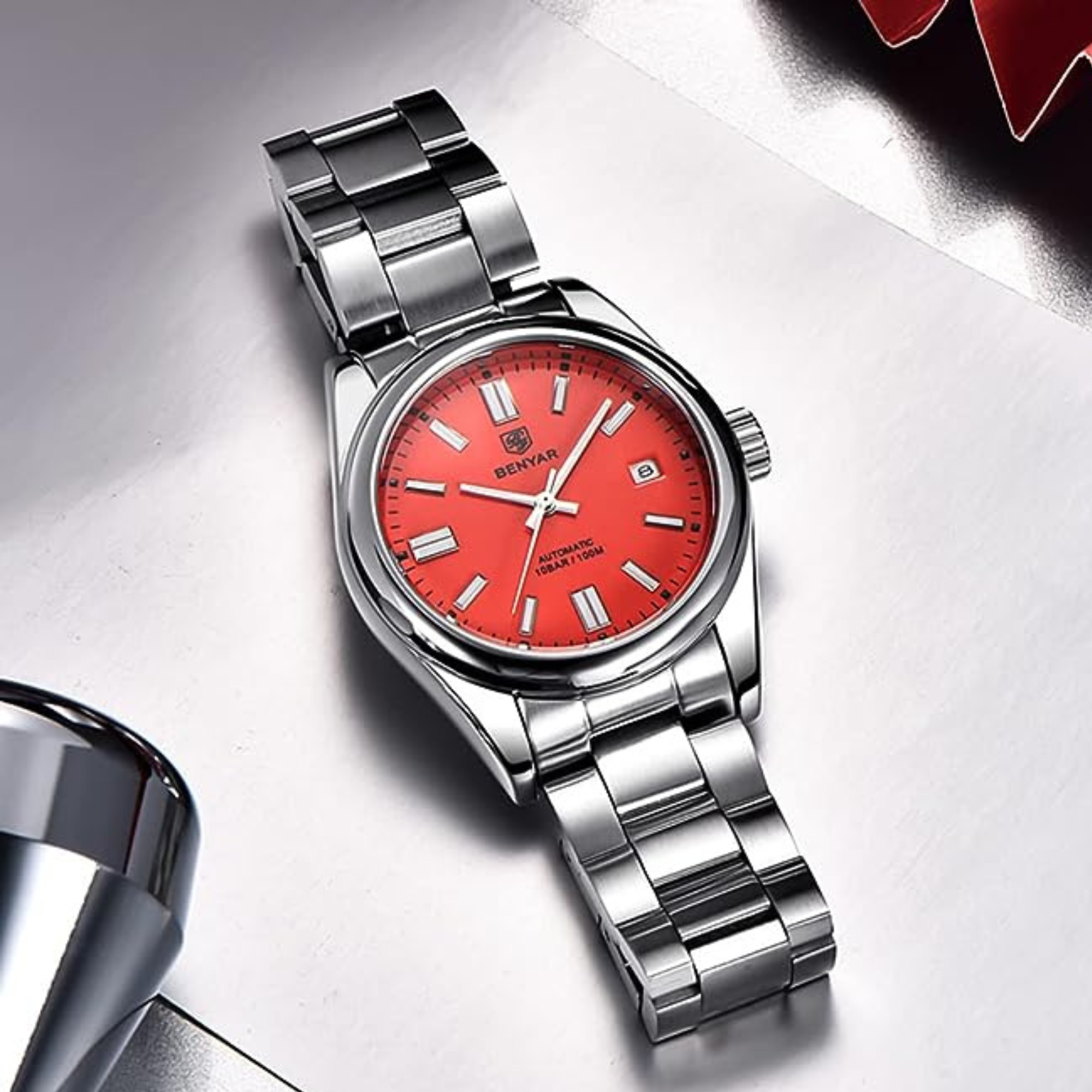 BENYAR Classic Men's  Watch Stainless Steel Strap Waterproof Luminous Simple Business Sports Wristwatch - RED Dial