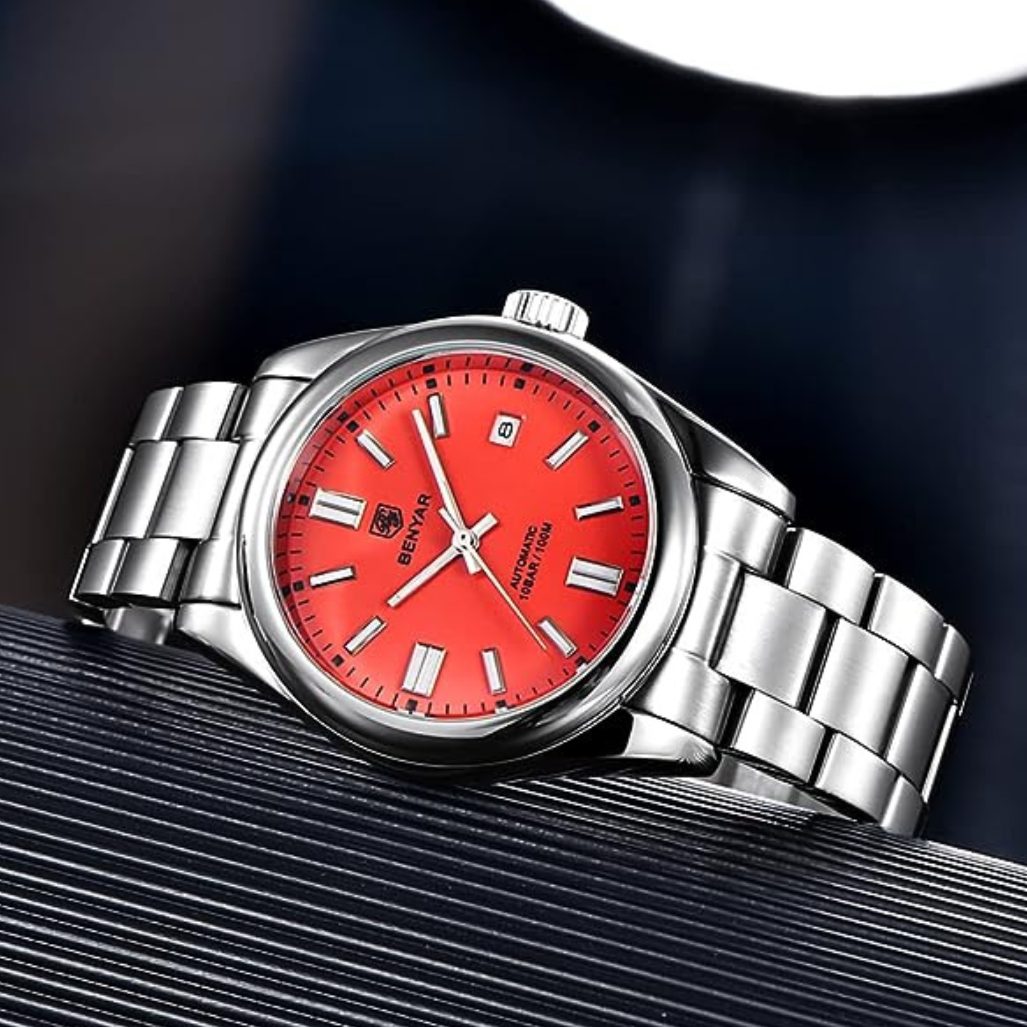 BENYAR Classic Men's  Watch Stainless Steel Strap Waterproof Luminous Simple Business Sports Wristwatch - RED Dial