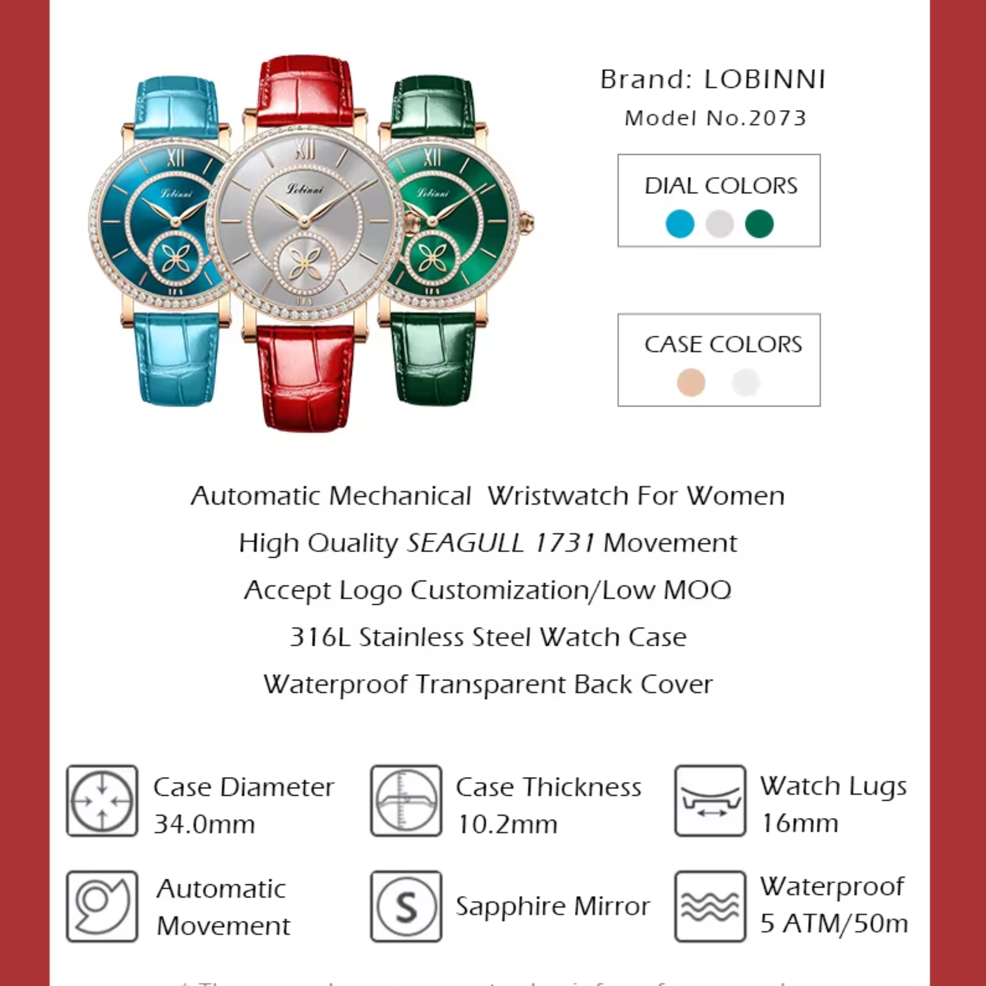 LOBINNI Watch For Women Sunray-Dial Zircon Seagull Movement Automatic Mechanical Wrist Watch Woman - 2073