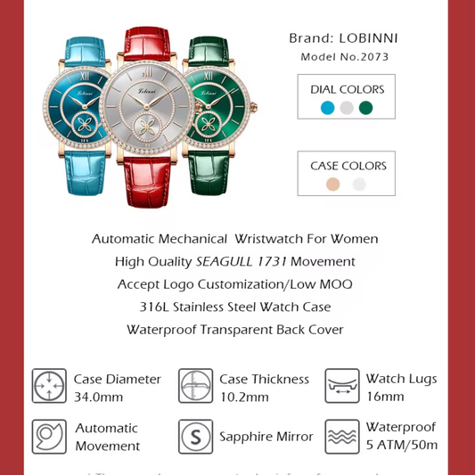 LOBINNI Watch For Women Sunray-Dial Zircon Seagull Movement Automatic Mechanical Wrist Watch Woman - 2073