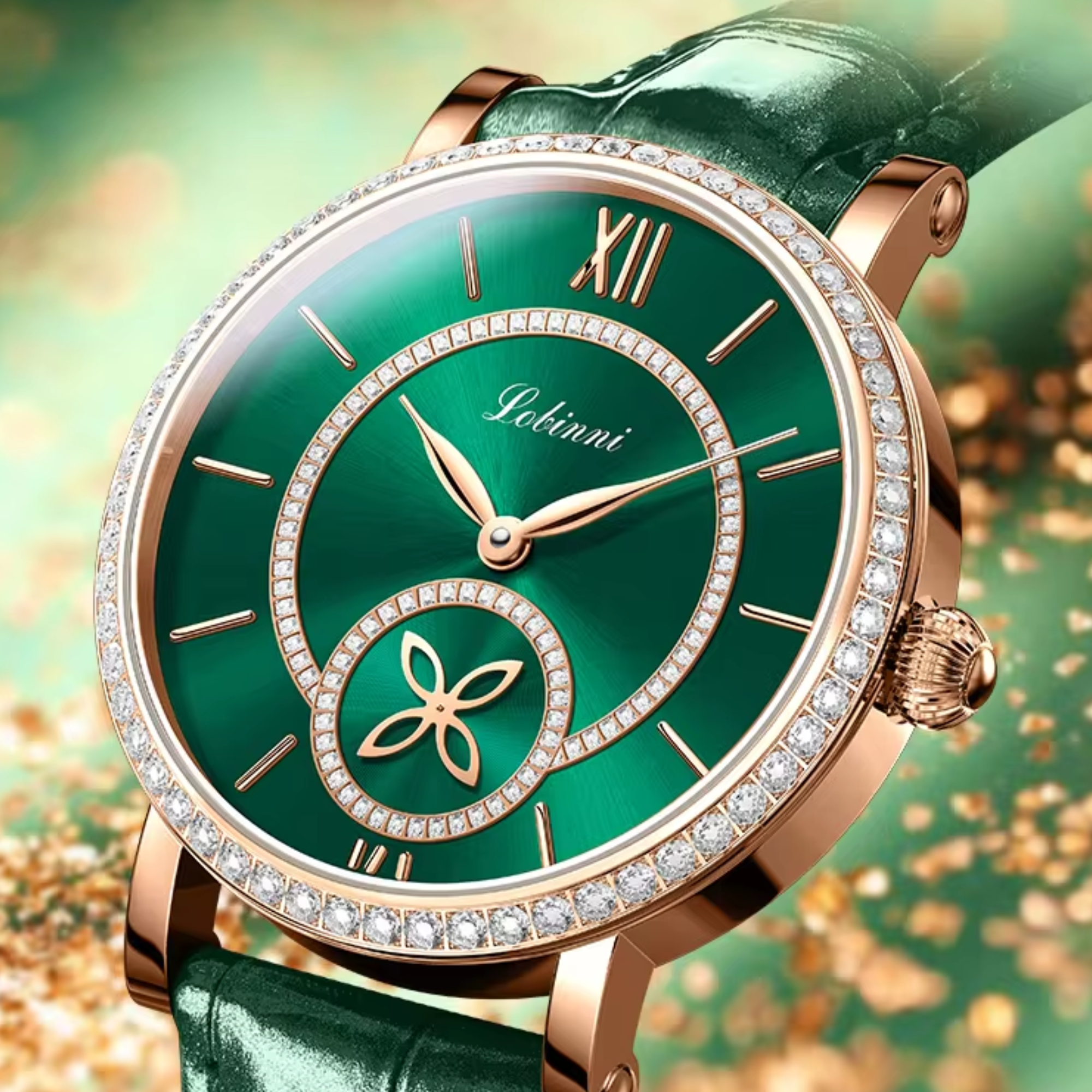 LOBINNI Watch For Women Sunray-Dial Zircon Seagull Movement Automatic Mechanical Wrist Watch Woman - 2073