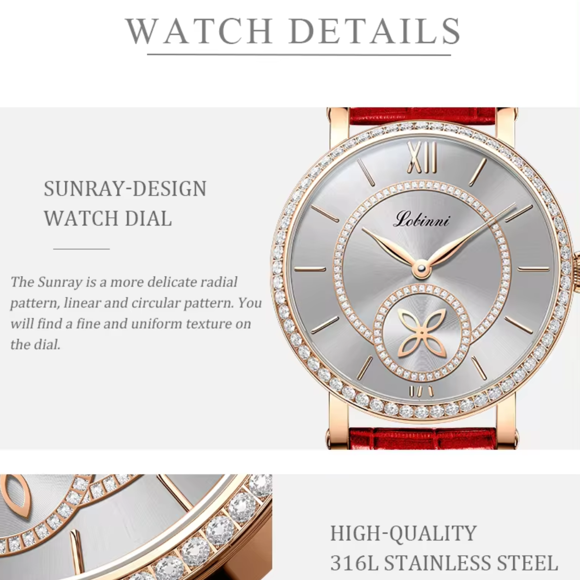 LOBINNI Watch For Women Sunray-Dial Zircon Seagull Movement Automatic Mechanical Wrist Watch Woman - 2073