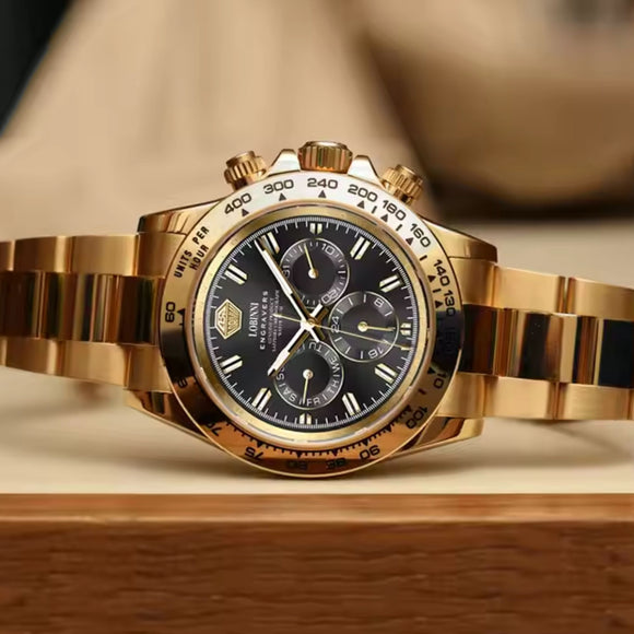 LOBINNI Luxury Stainless Steel Automatic Chronograph Golden - Black Dial