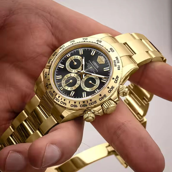 LOBINNI Luxury Stainless Steel Automatic Chronograph Golden - Black Dial