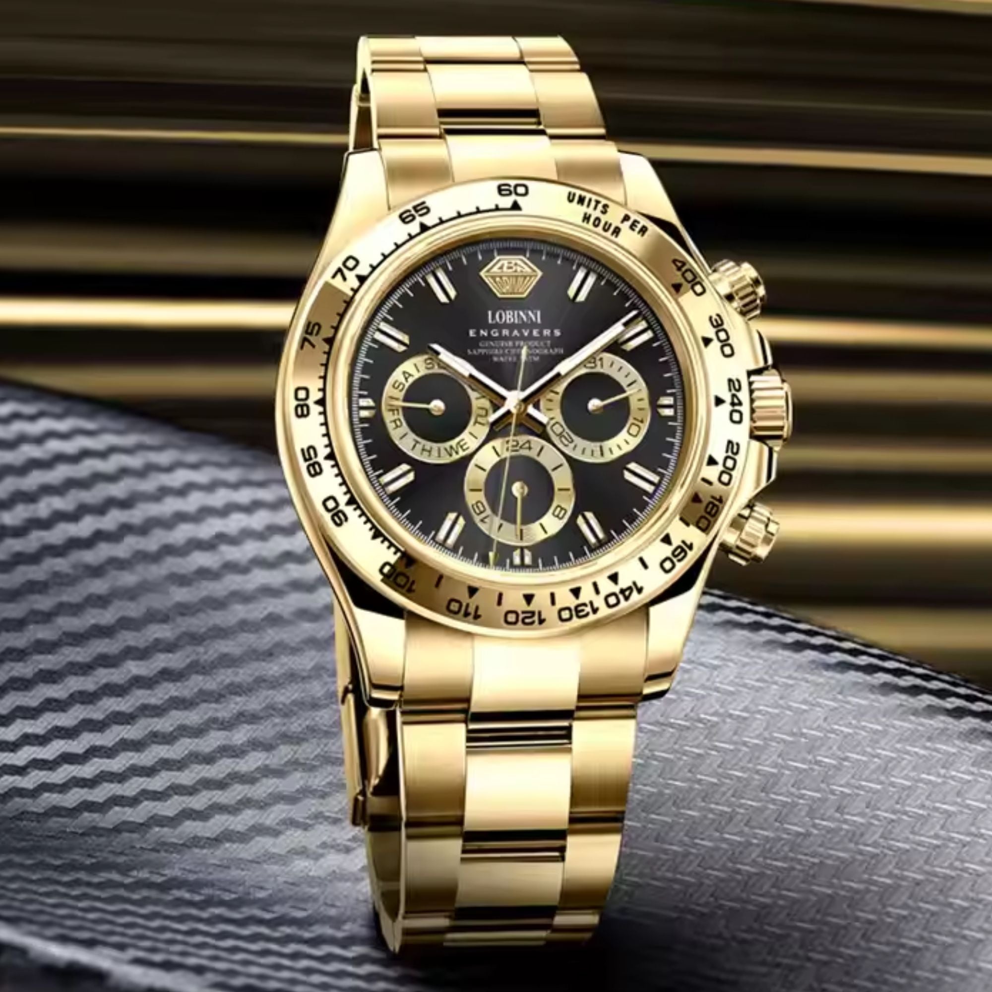 LOBINNI Luxury Stainless Steel Automatic Chronograph Golden - Black Dial