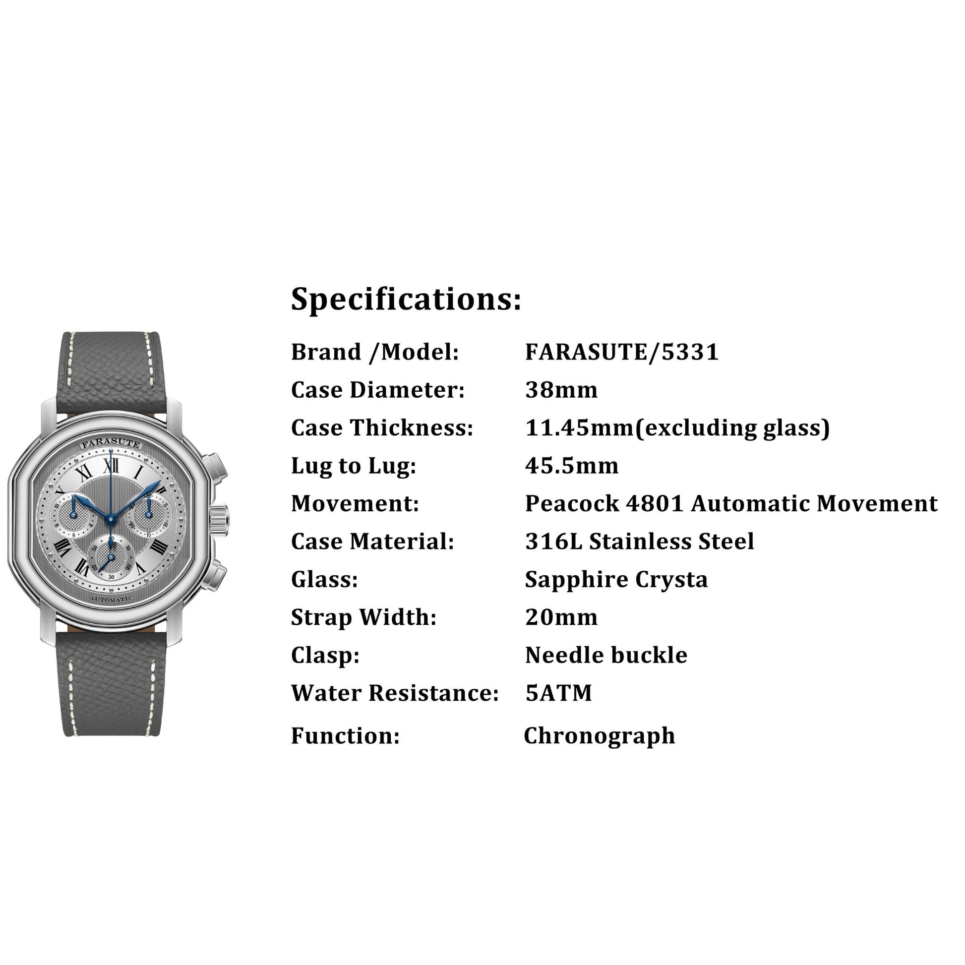 FARASUTE New 38mm Chronograph Peacock 4801 Custom Mechanical Movement 5ATM Waterproof Sapphire Tribute Series Men Watch