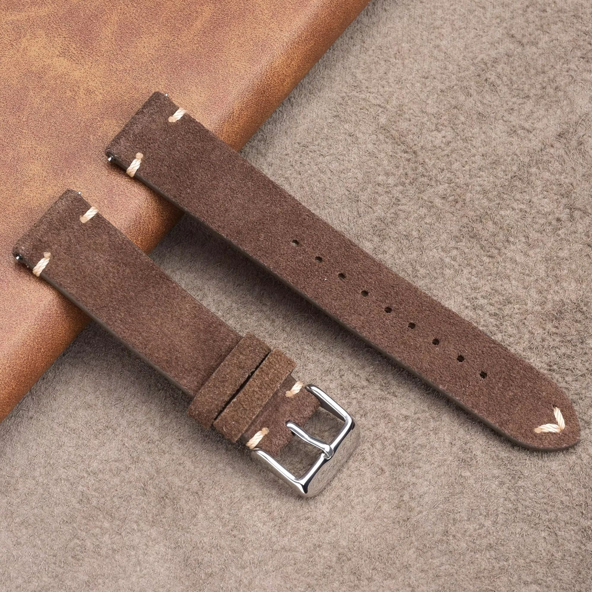 Suede Handmade Leather Watch Strap with Quick Release 20mm - Dark Brown