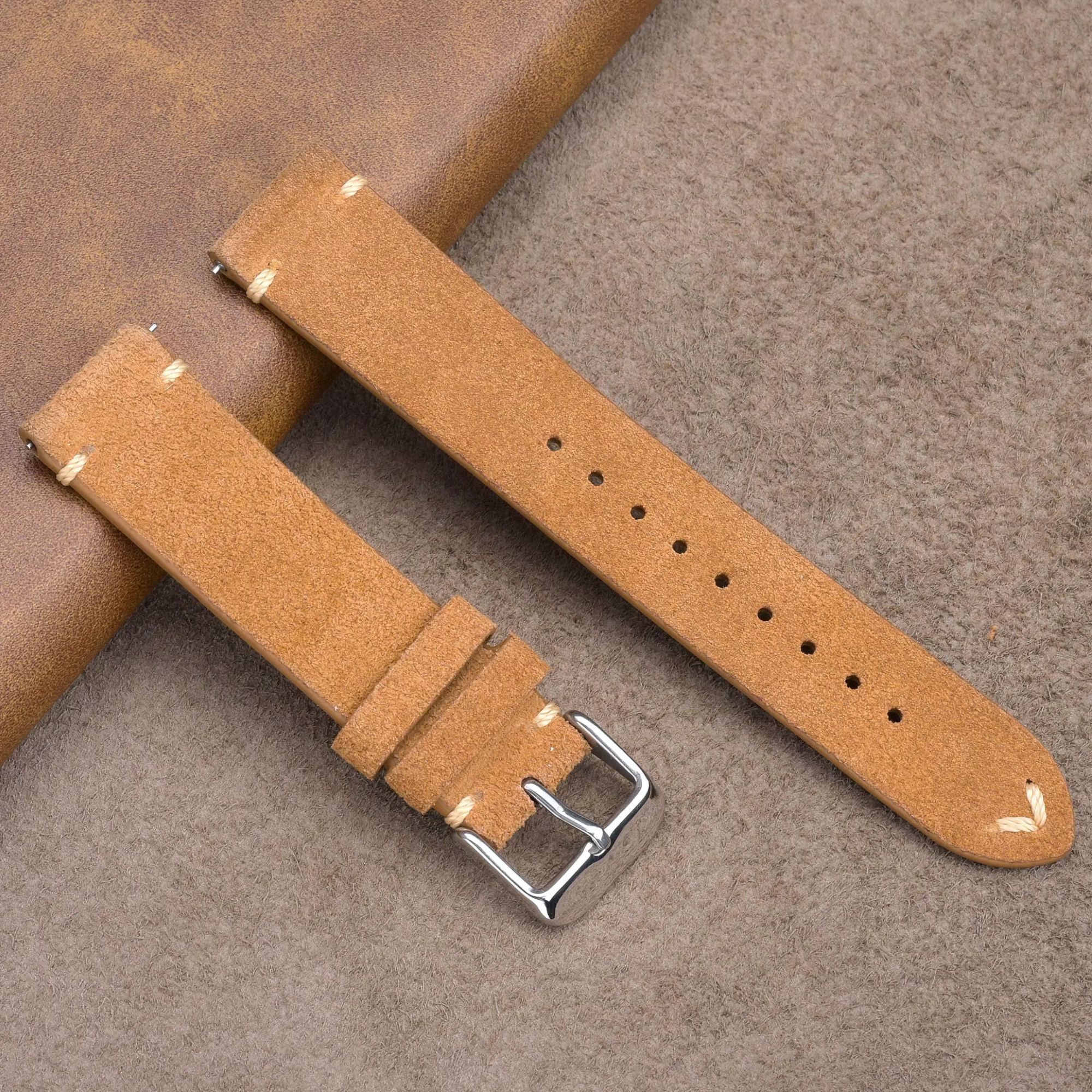 Suede Handmade Leather Watch Strap with Quick Release 20mm - Light Brown