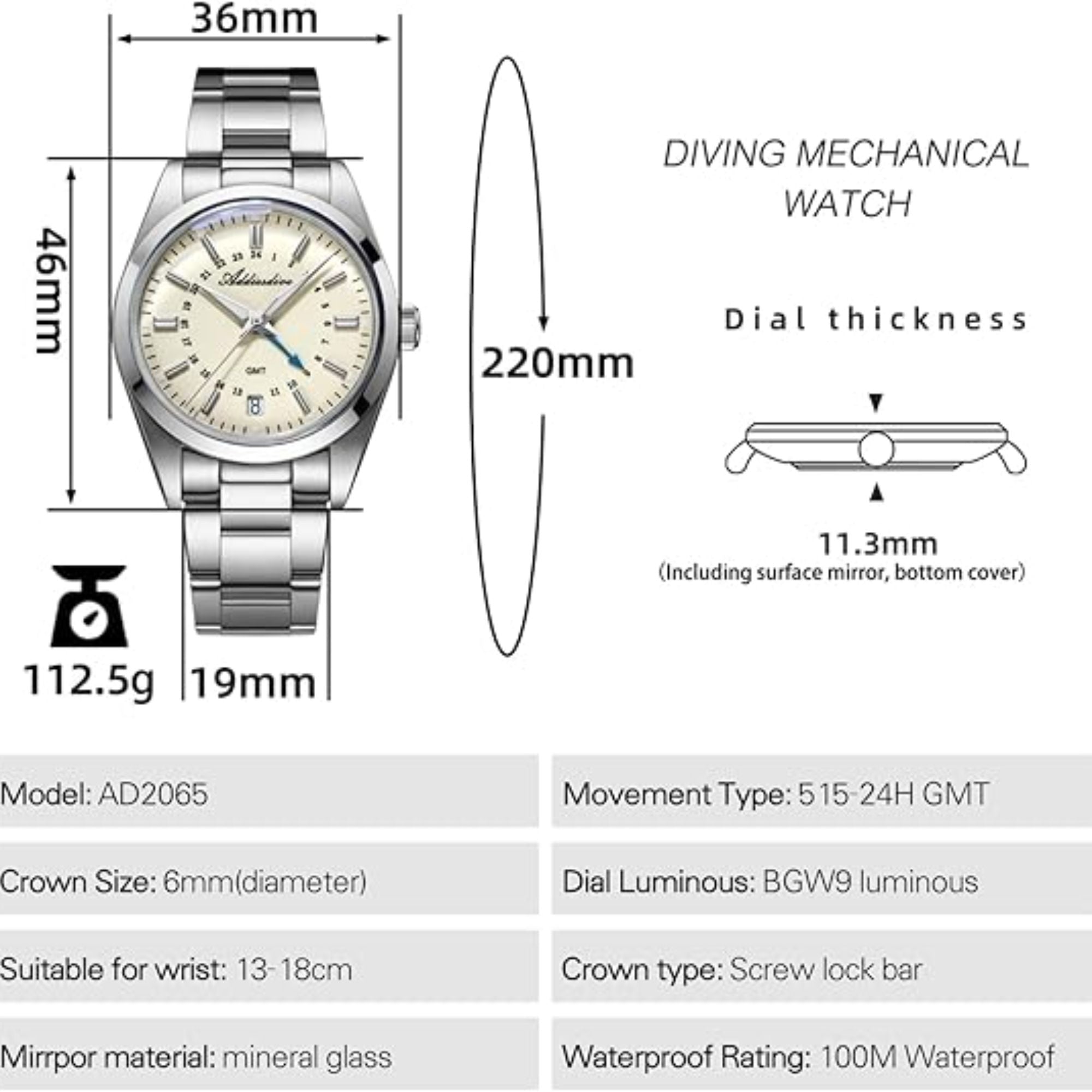 ADDIESDIVE Elegance Collection GMT Quartz Watch AD2065 - Swiss movement