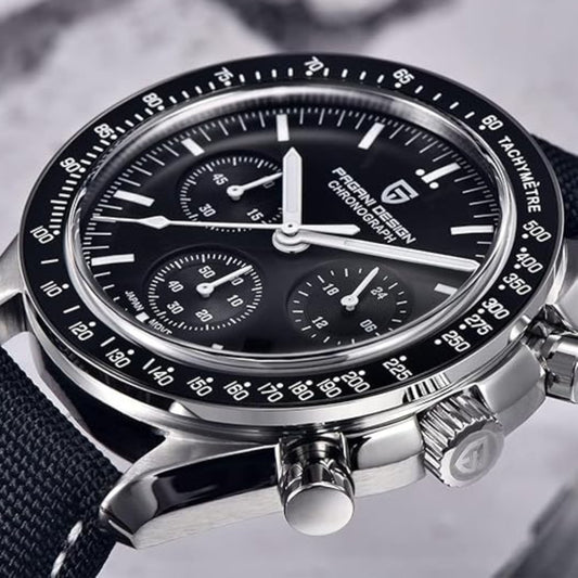 Pagani Design PD-1701 40mm Mens Waterproof Watch with Seiko VK-63 Movement (Speedmaster) "The Moon Watch" - Black Band