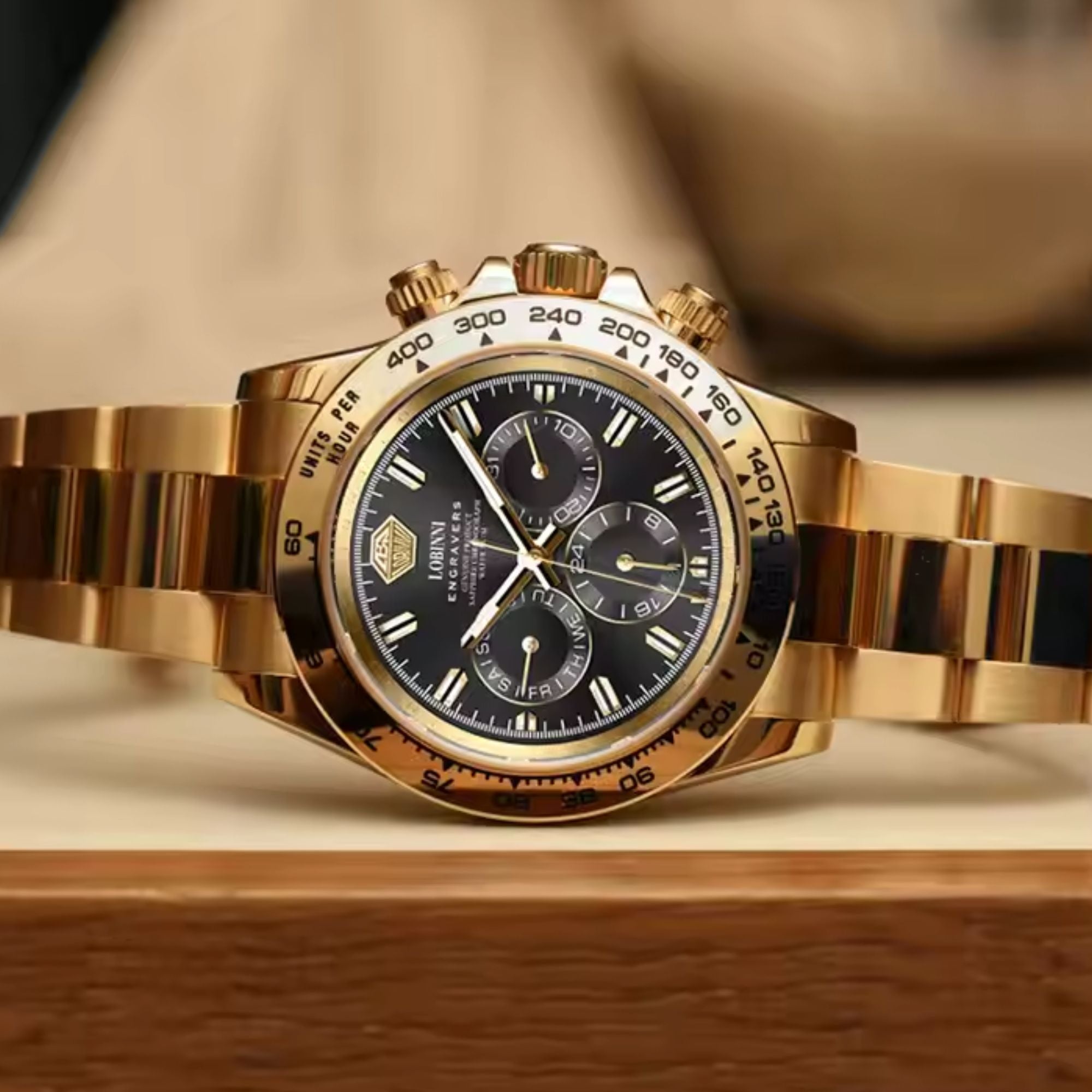 LOBINNI Luxury Stainless Steel Automatic Chronograph Golden - Golden Dial