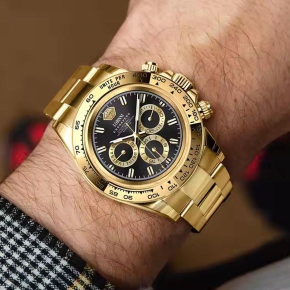 LOBINNI Luxury Stainless Steel Automatic Chronograph Golden - Golden Dial