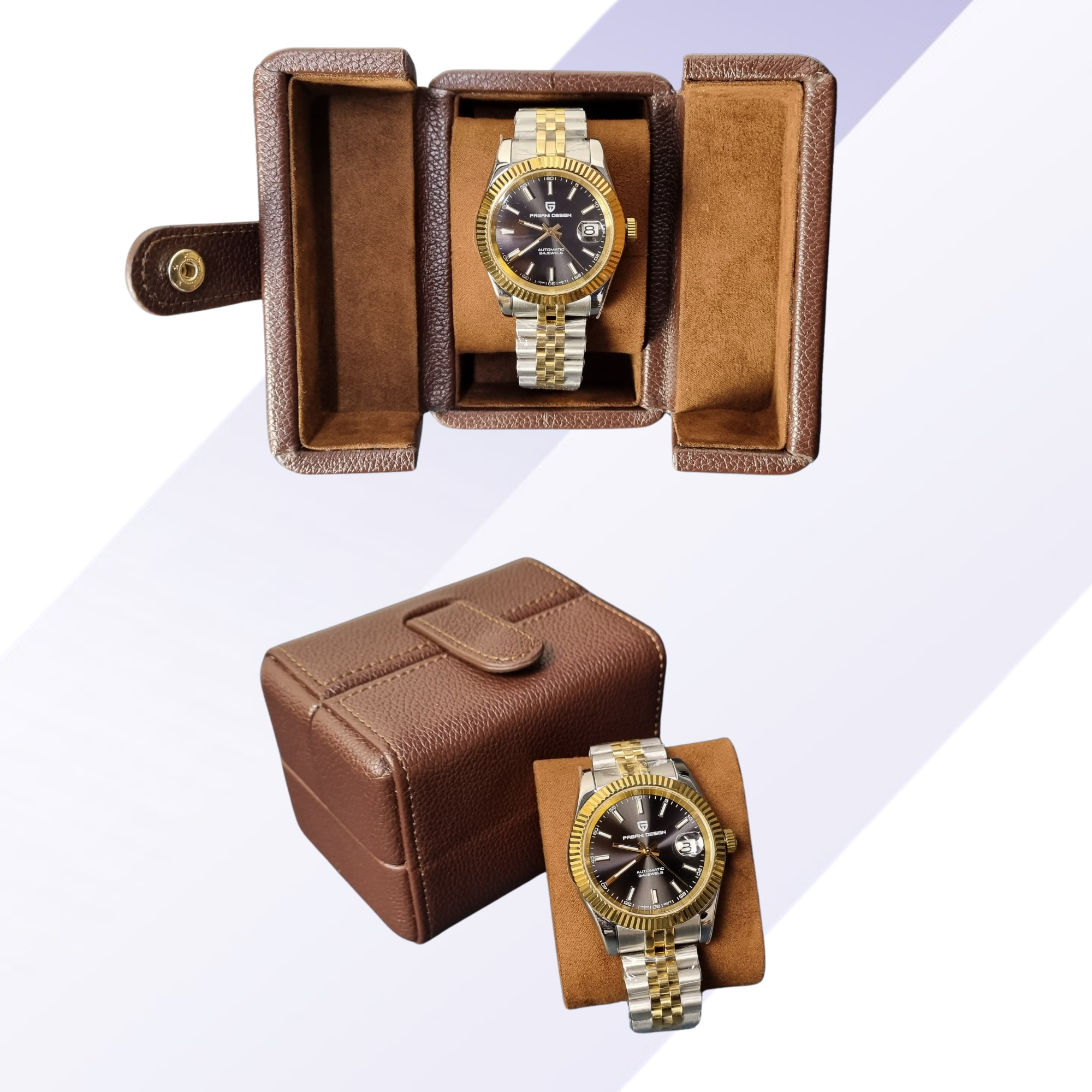 Dream Watches Premium Double Folding Leather Watch Case | Removable Cushion | Dual Shade | Suede Lined