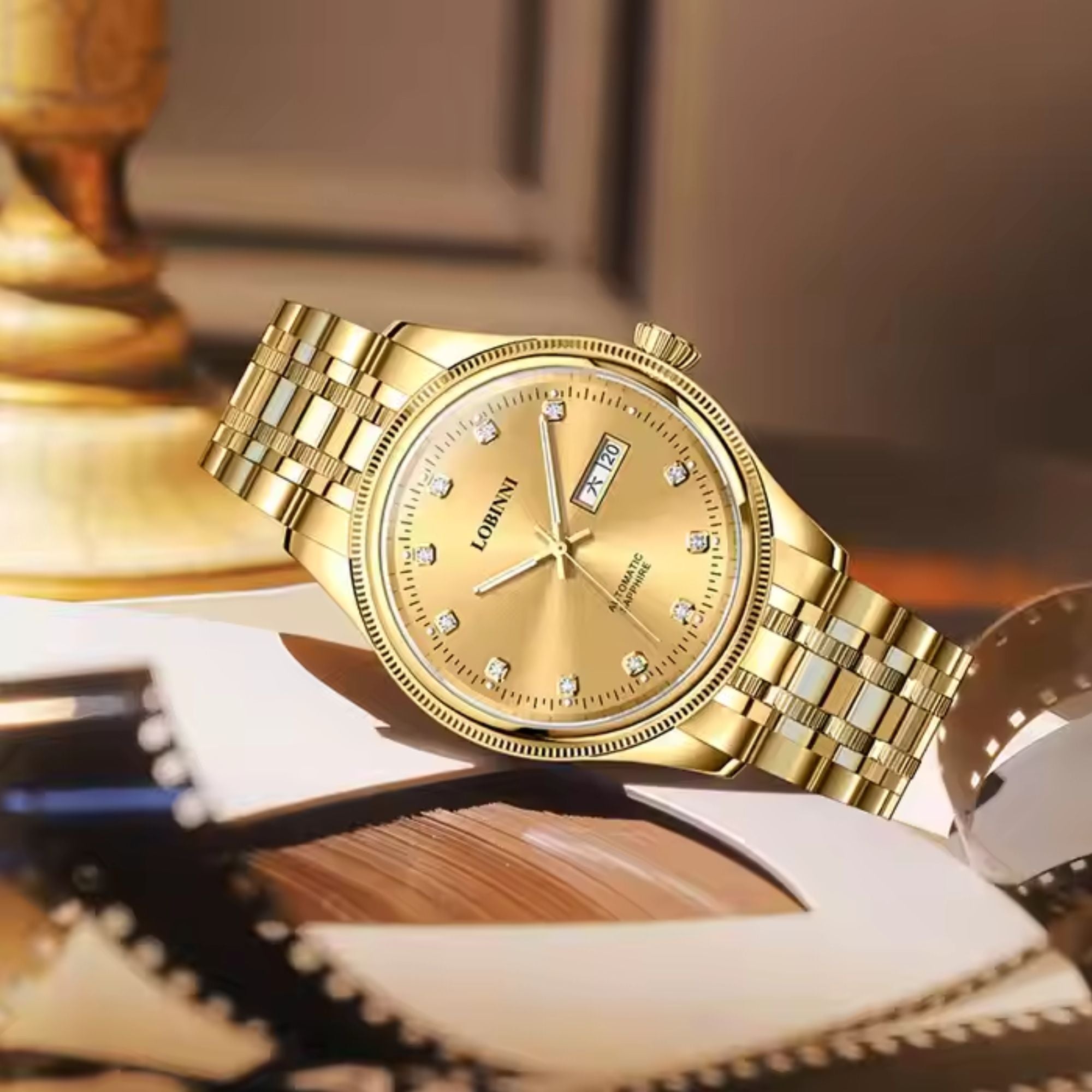 LOBINNI Luxury Golden Wrist Watch Men with Coin Bezel