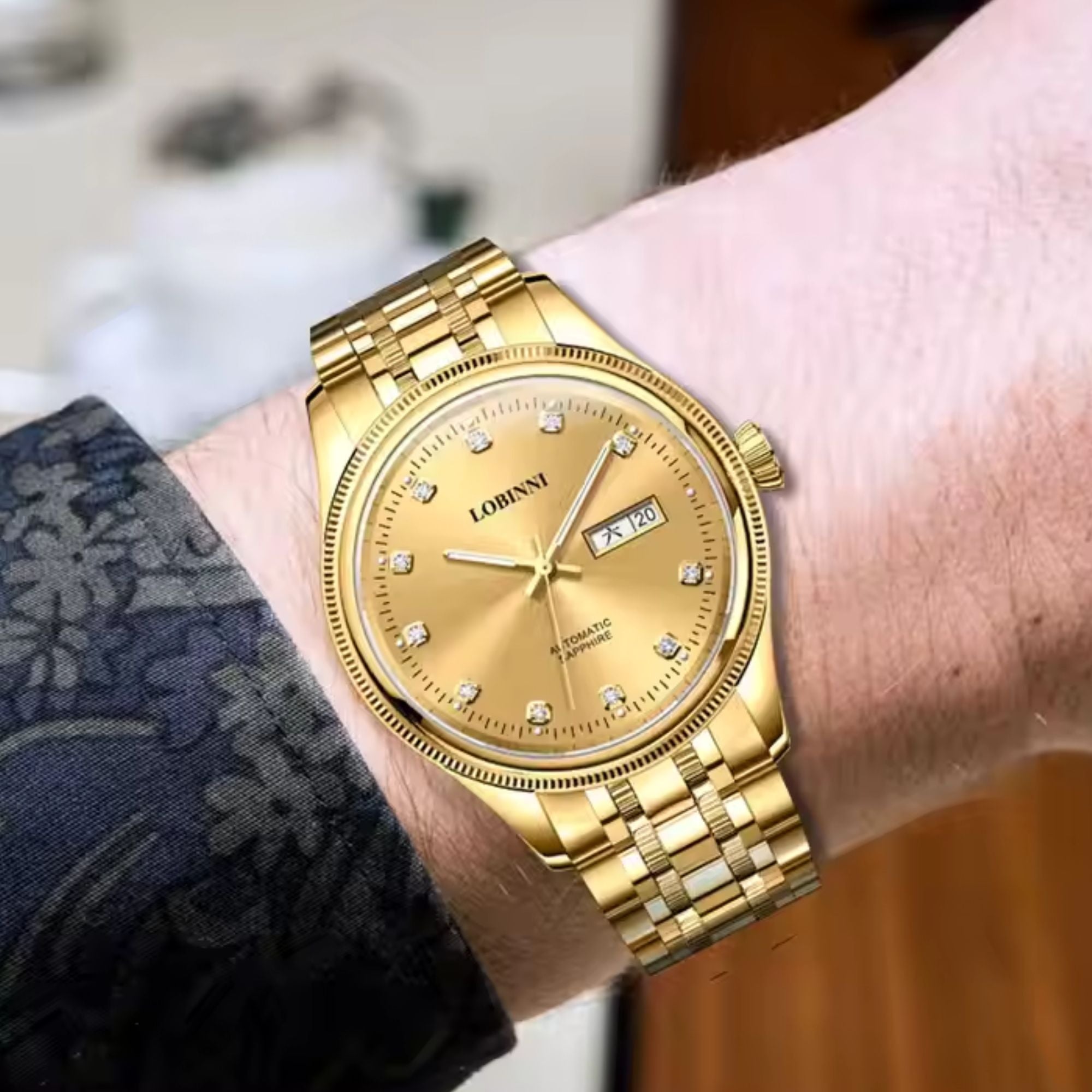 LOBINNI Luxury Golden Wrist Watch Men with Coin Bezel