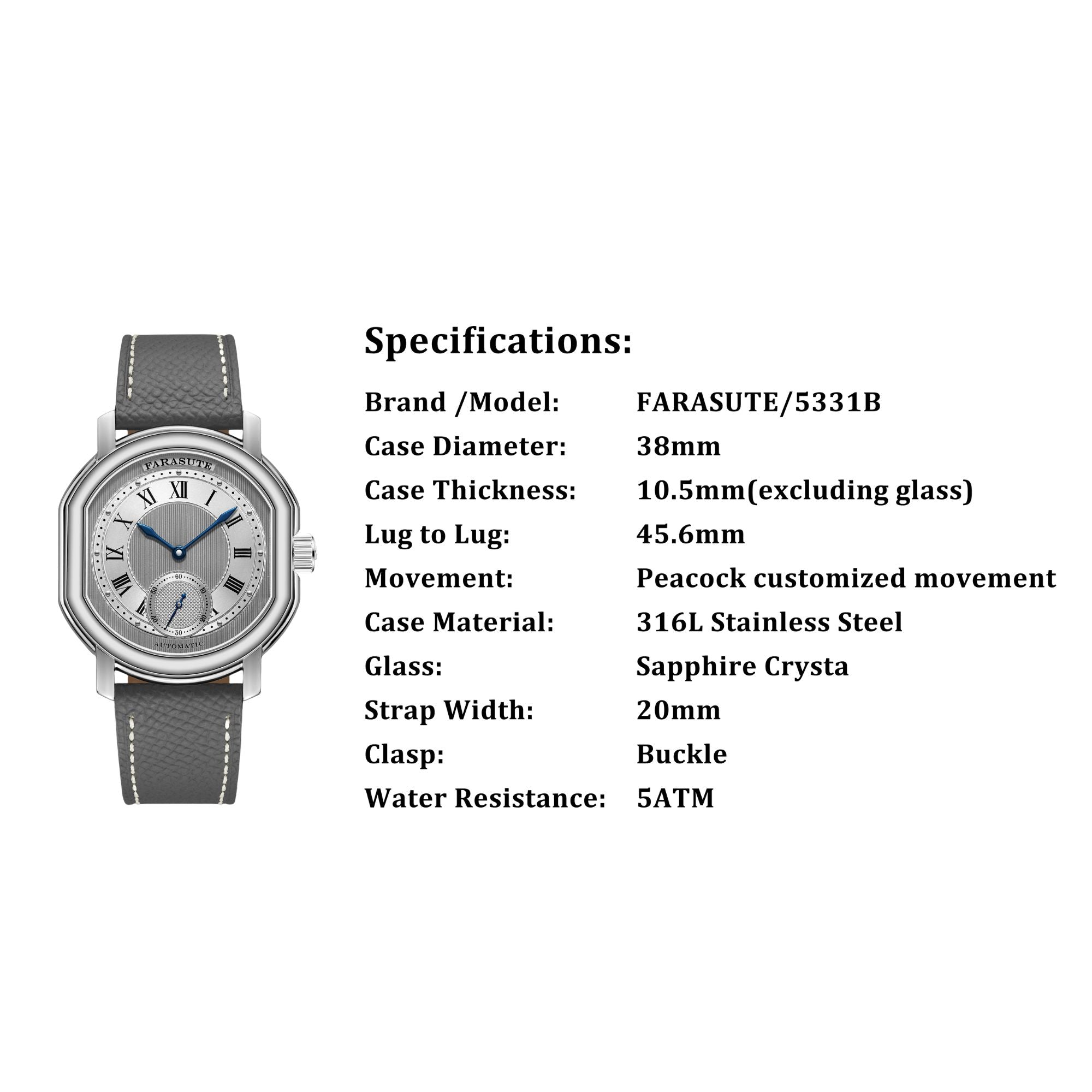 FARASUTE 38mm Luxury Retro Men's Watch Peacock Custom Mechanical Movement 5ATM Waterproof Sapphire Men's Watch