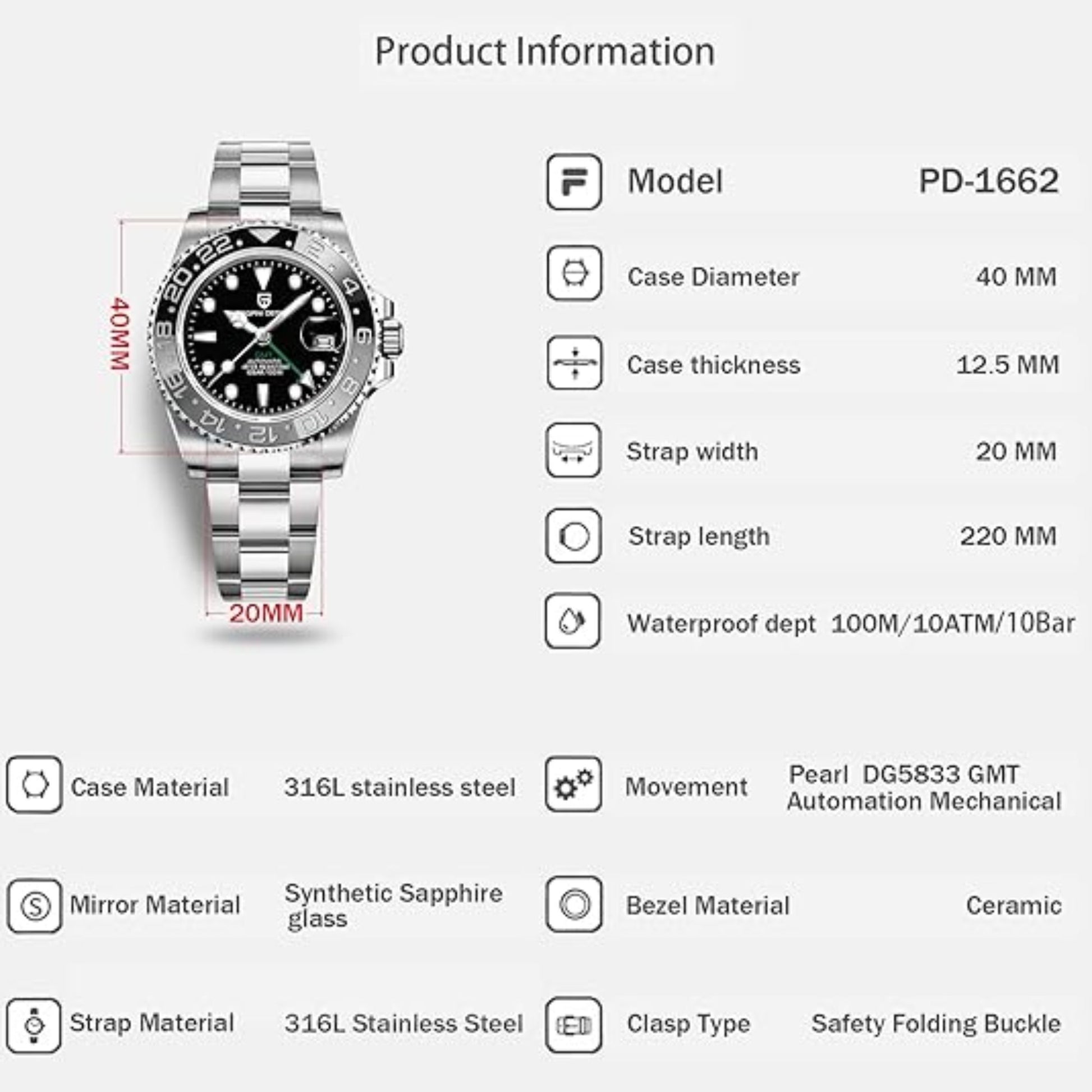 Pagani Design PD-1662 Waterproof Mechanical Automatic Watch Stainless Steel Men's 40MM Watch - Bruce Wayne
