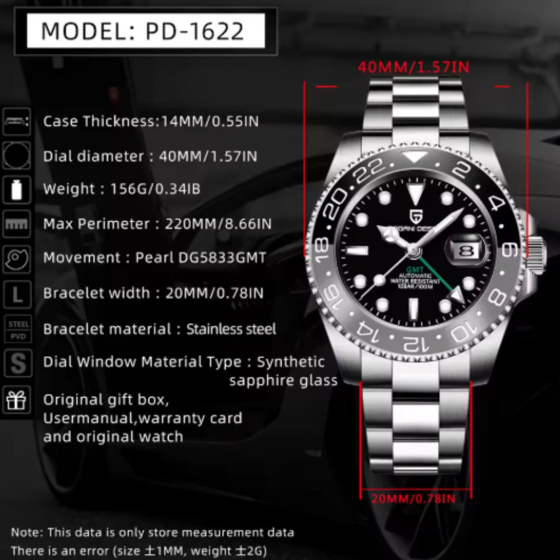 Pagani Design PD-1662 Waterproof Mechanical Automatic Watch Stainless Steel Men's 40MM Watch - Bruce Wayne