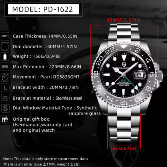 Pagani Design PD-1662 Waterproof Mechanical Automatic Watch Stainless Steel Men's 40MM Watch - Bruce Wayne