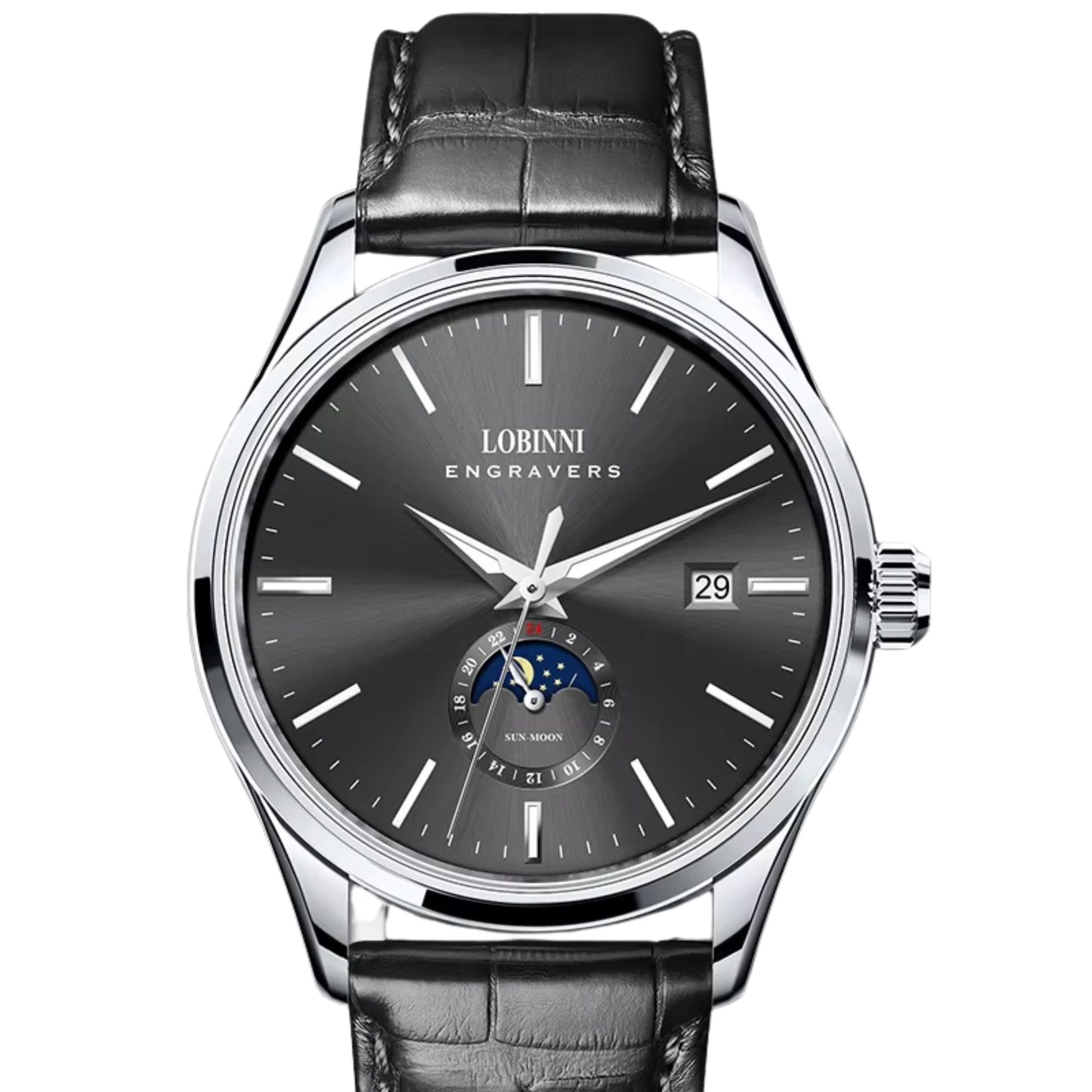 LOBINNI 19001 Business Black Leather Strap with automatic movement Watch - 19001