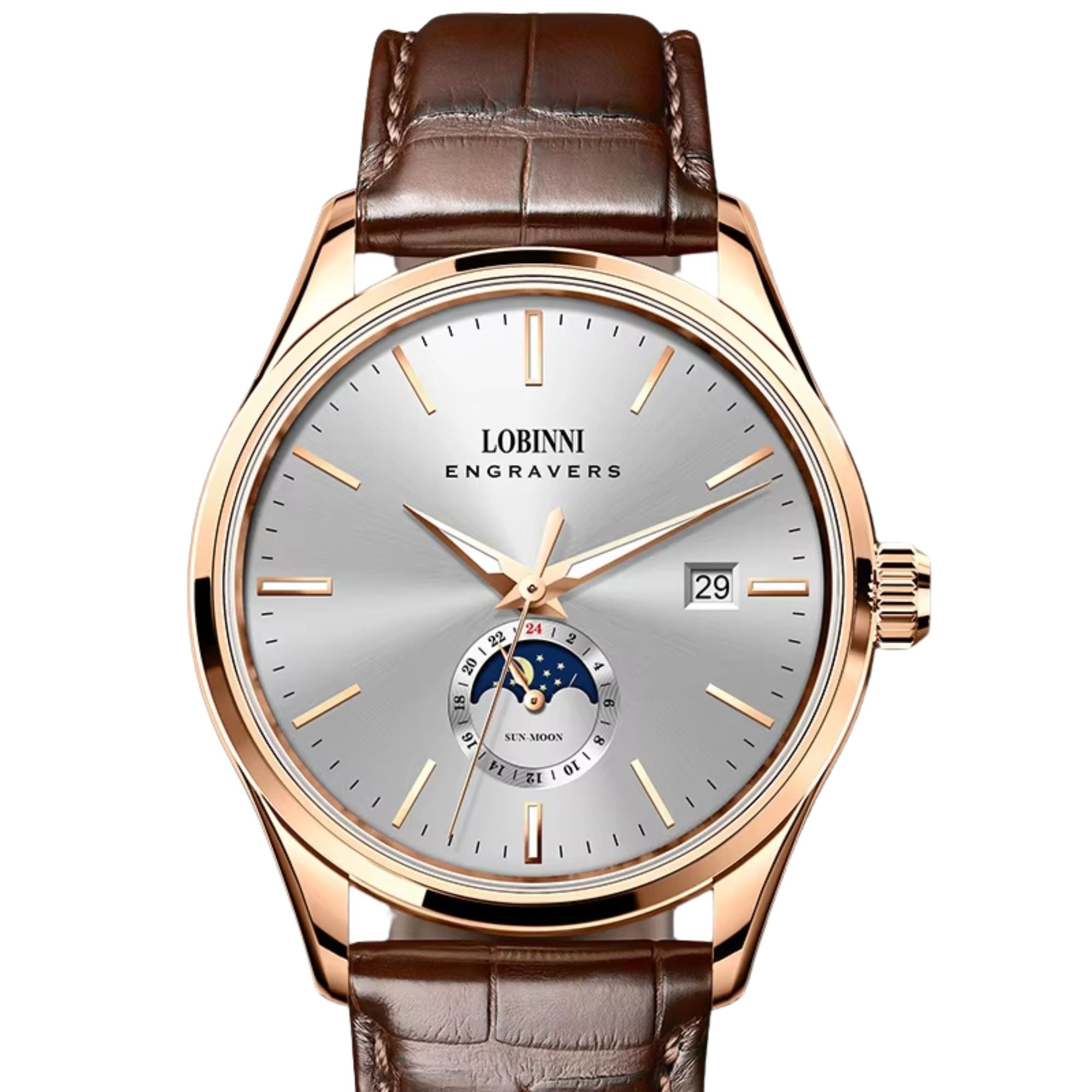 LOBINNI 19001 Business Brown Leather Strap with automatic movement Watch