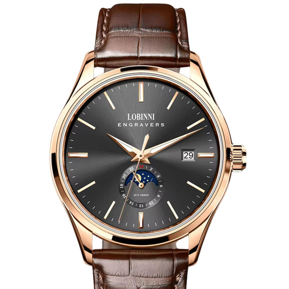 LOBINNI 19001 Business Brown Leather Strap with automatic movement Watch - 19001