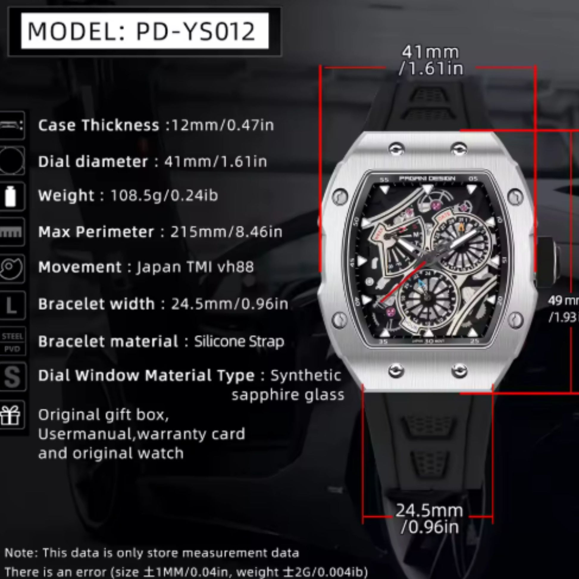 Pagani Design PD-YS012 Tonneau Watch Men's 41MM 50M Japan VH88 Quartz Watch Sapphire Crystal Stainless Steel