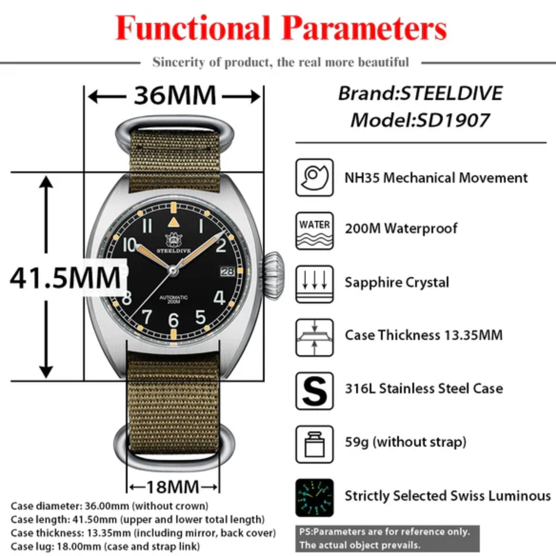 Steeldive SD1907 Automtic British Military W10 Field Watch