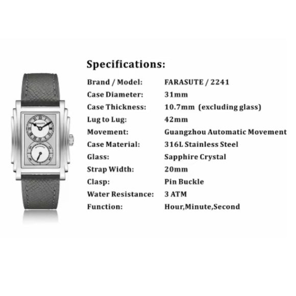 FARASUTE Men Automatic Watch Luxury Watches Rectangle Mechanical Wristwatch Sapphire crystal with Small Second Dial