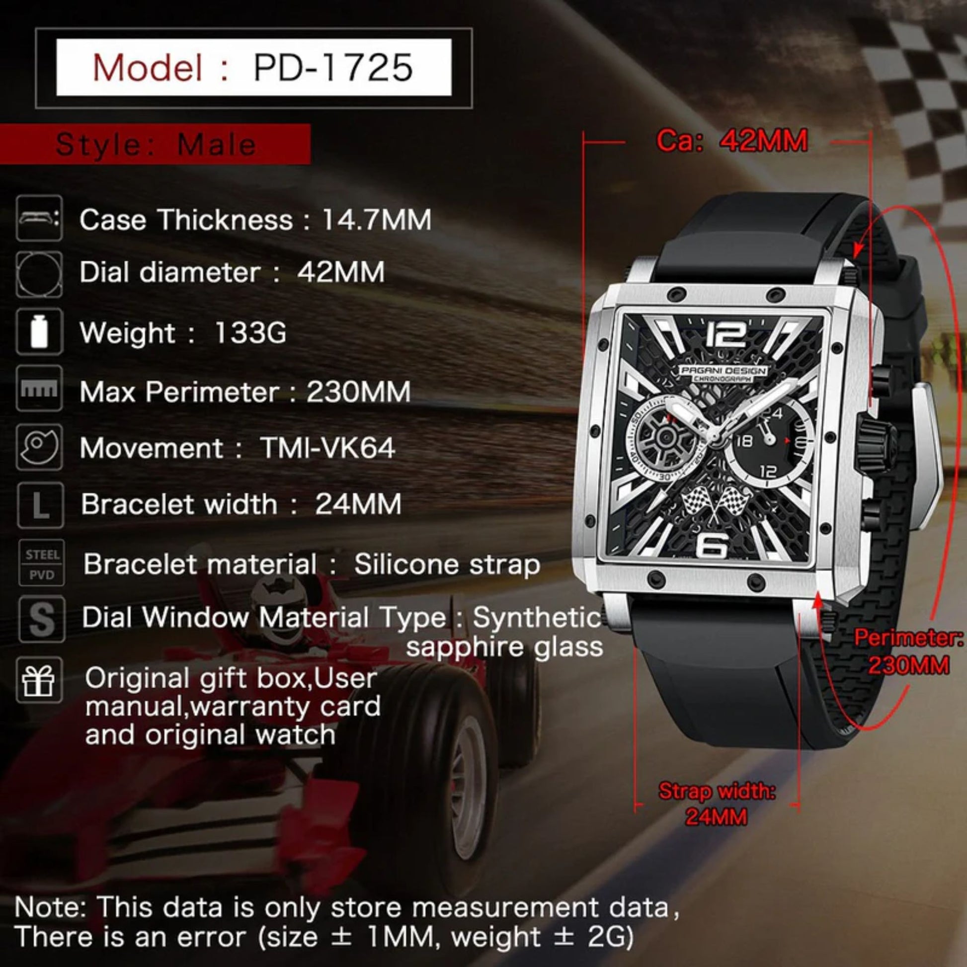 Pagani Design PD-1725 Racing Series Skeleton Design Men's 50M Waterproof Chronograph Japan VK64 Quartz Watch 40MM Sapphire Crystal Sports Watch