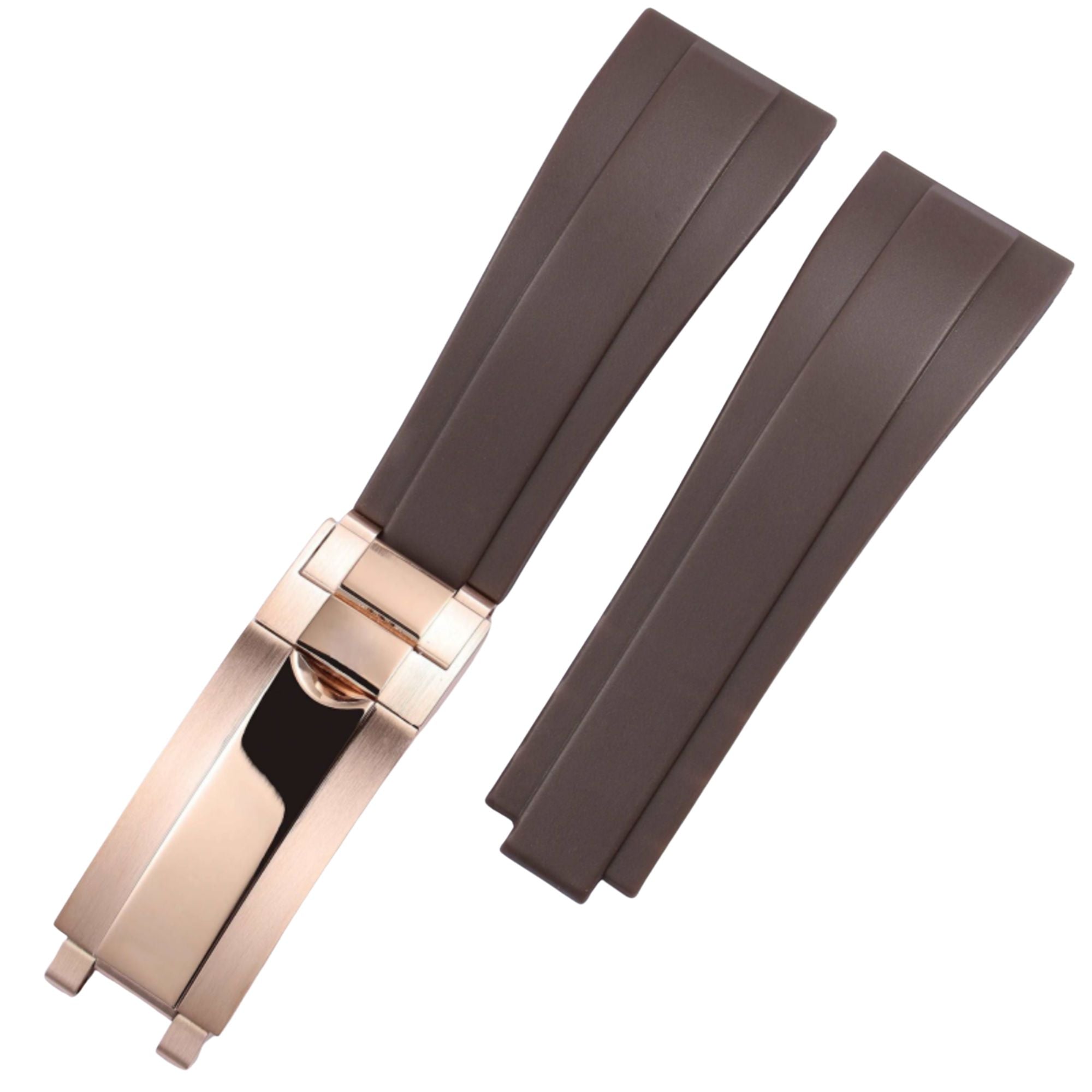 High End Curved FKM Rubber Watch Strap - Oyster Style Deployment Clasp 20mm - Brown with Rosegold Clasp