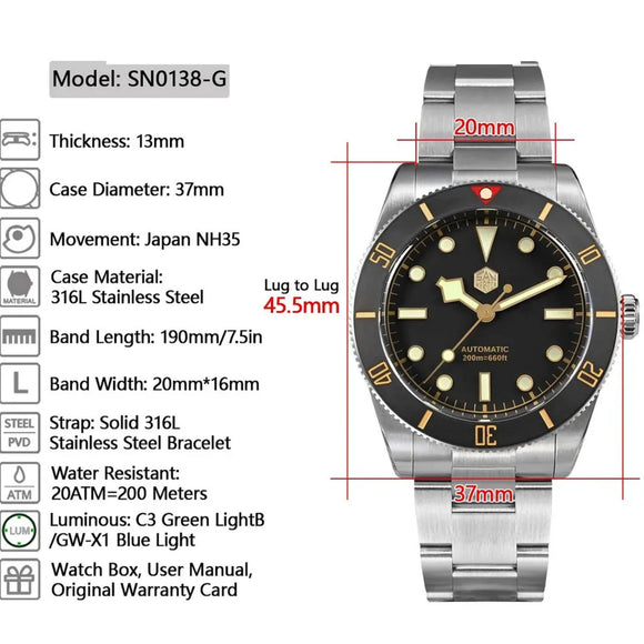 San Martin 37mm BB54 Diver Watch NH35 Vintage Watch SN0138G