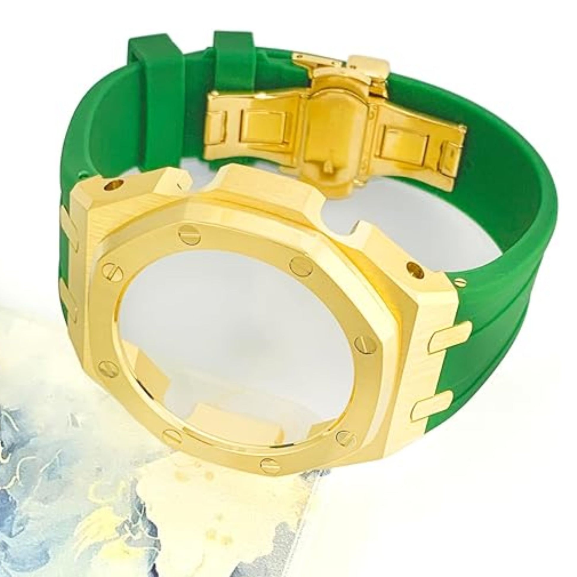 Mod Kit Metal Watchband and Metal Case for G-shock GM-2100 and GM-2110/B-2100 " Casioak"[Green With Golden]