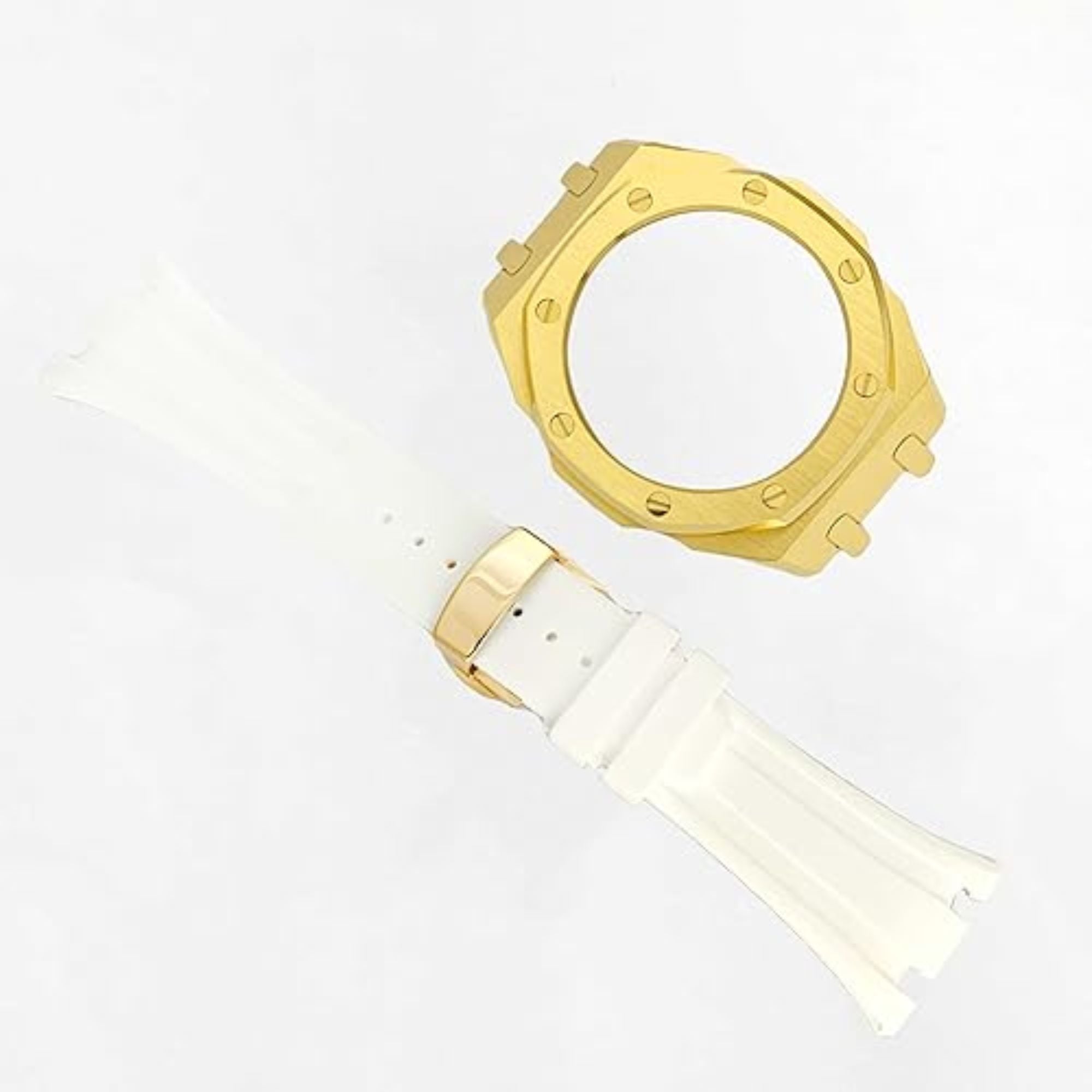 Metal Mod Kit Watchband and Metal Case for G-shock GA-2100 and GA-2110/BA-2100 Casioak (WHITE WITH GOLDEN)