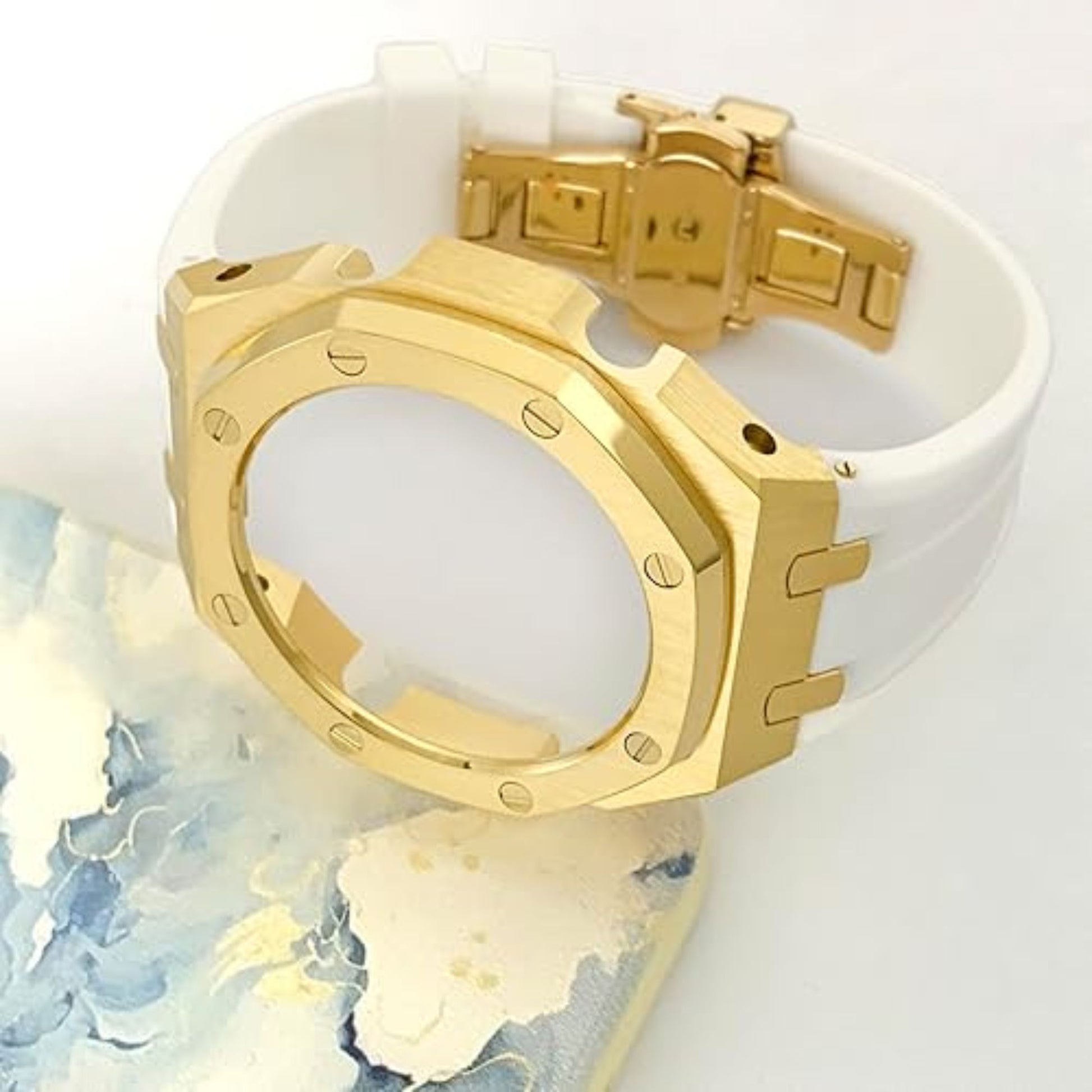 Mod Kit Metal Watchband and Metal Case for G-shock GM-2100 and GM-2110/B-2100 " Casioak" (WHITE WITH GOLDEN)