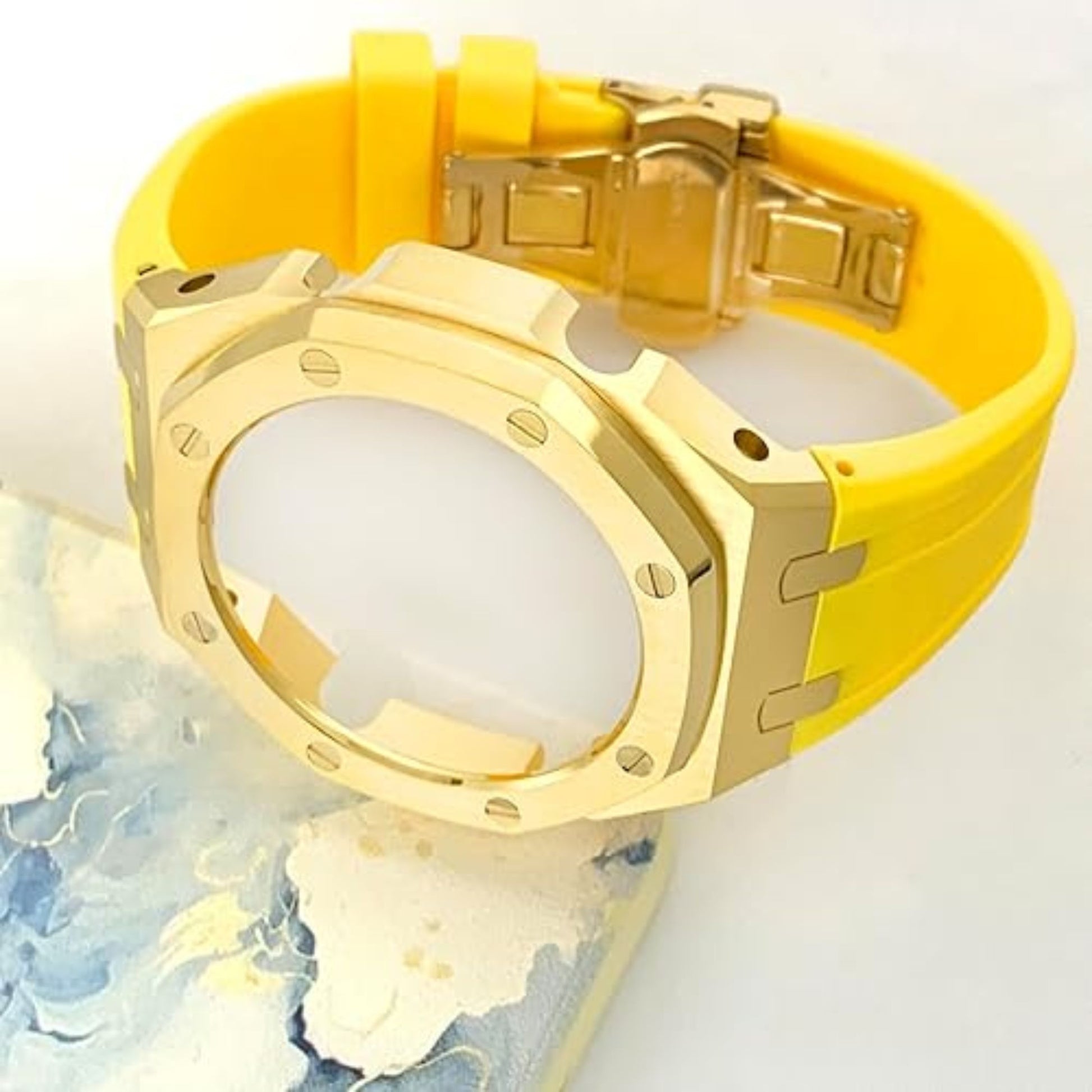 Mod Kit Metal Watchband and Metal Case for G-shock GM-2100 and GM-2110/B-2100 " Casioak ( YELLOW WITH GOLDEN)