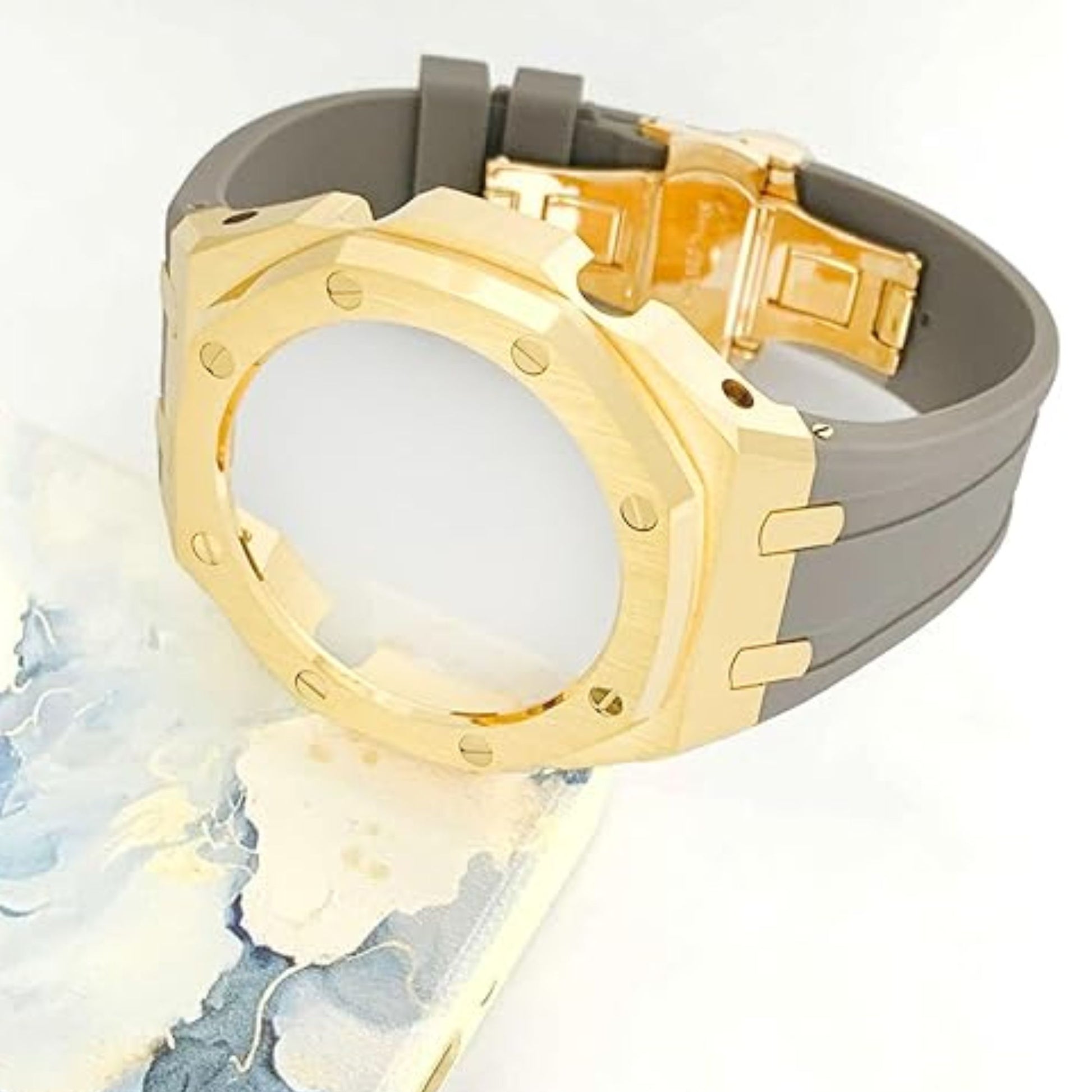 Mod Kit Metal Watchband and Metal Case for G-shock GM-2100 and GM-2110/B-2100 " Casioak (Grey With Golden)
