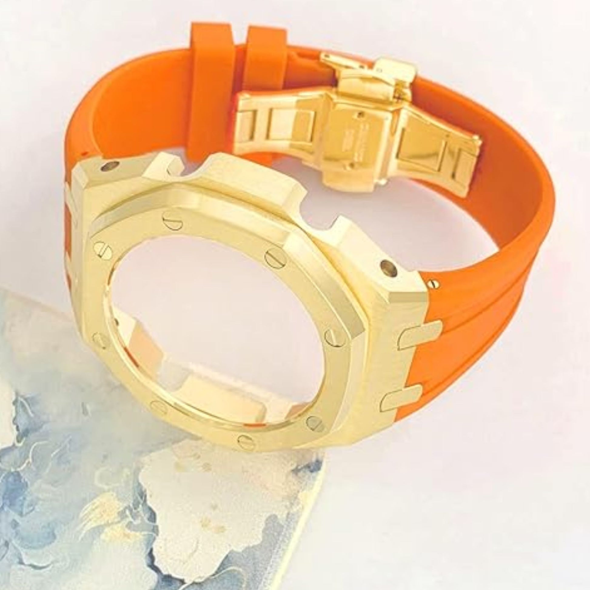 Mod Kit Metal Watchband and Metal Case for G-shock GM-2100 and GM-2110/B-2100 " Casioak"(ORANGE WITH GOLDEN)
