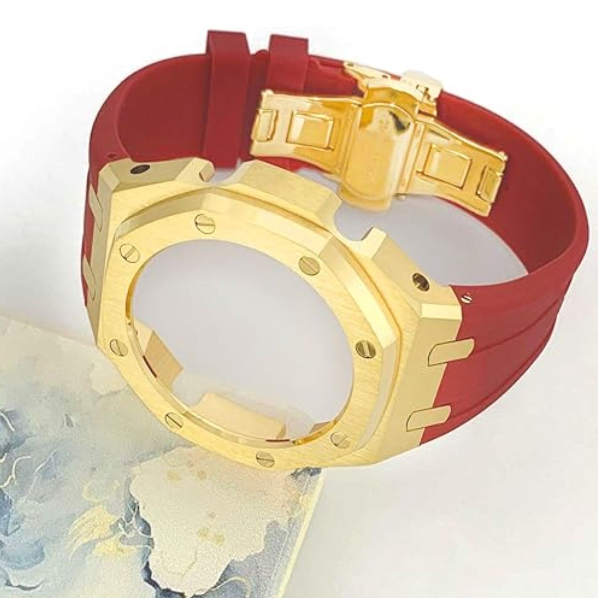 Mod Kit Metal Watchband and Metal Case for G-shock GM-2100 and GM-2110/B-2100 " Casioak (RED WITH GOLDEN)