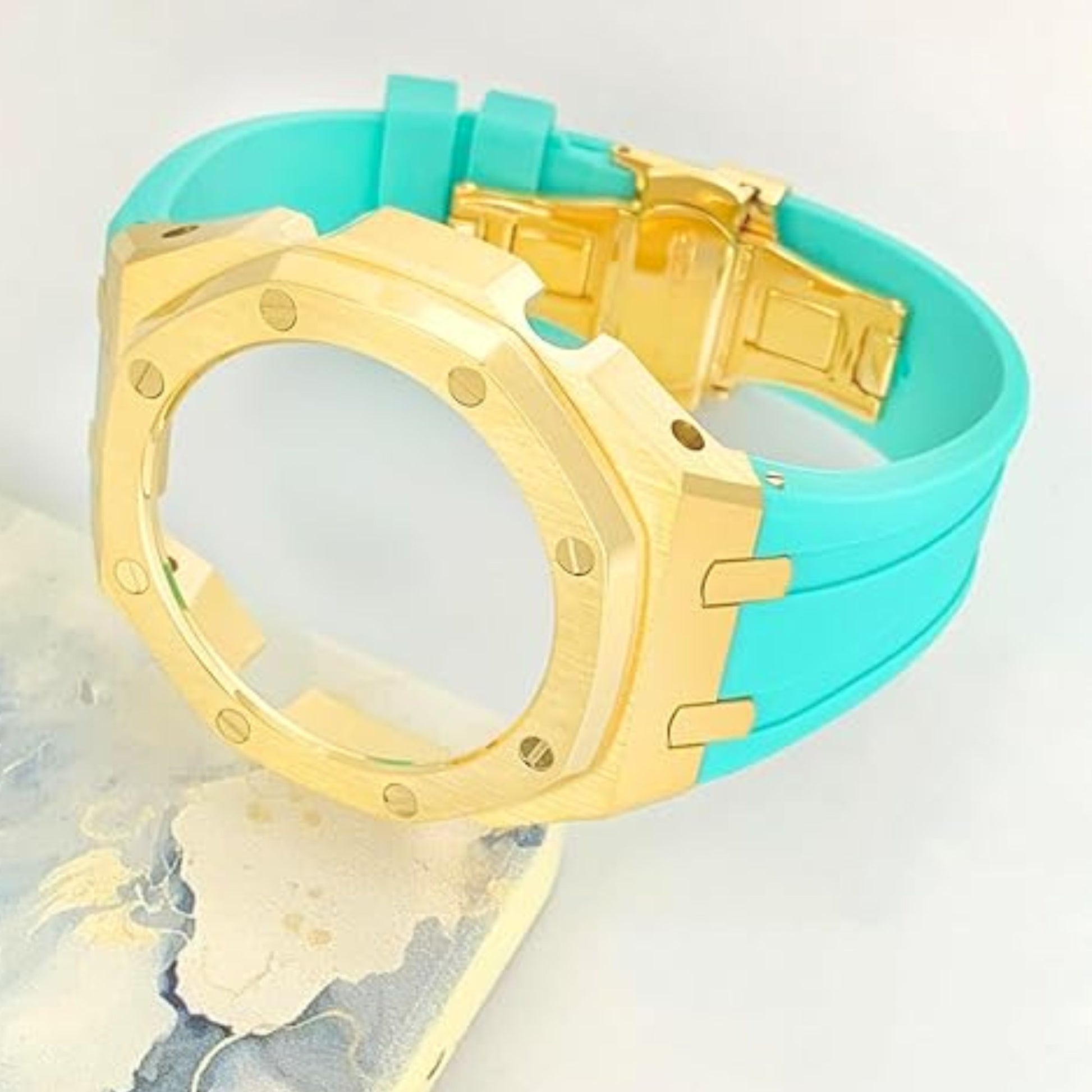 Mod Kit Metal Watchband and Metal Case for G-shock GM-2100 and GM-2110/B-2100 " Casioak"[Tiffany With Golden]