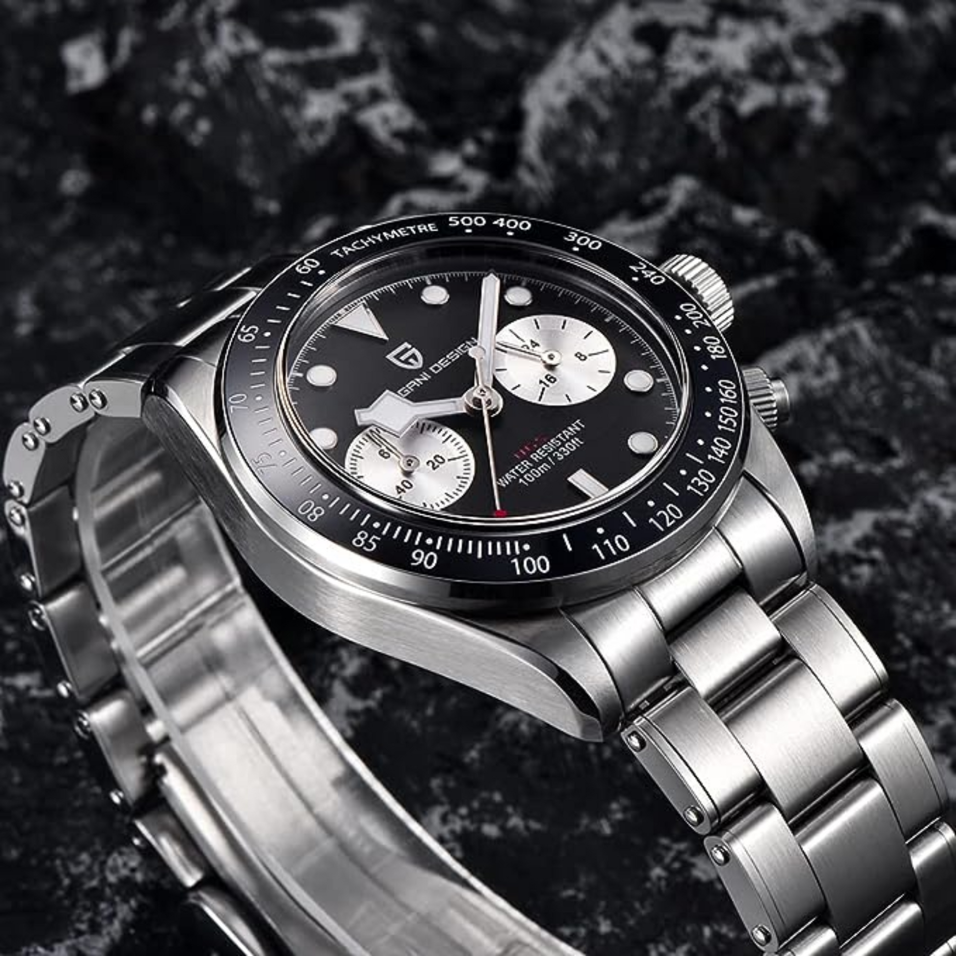 Pagani Design PD-1718 Panda Dial Men's Chronograph Watches Japan VK64 Movement Stainless Steel 100M Waterproof Men Fashion Casual Watch - Black Dial