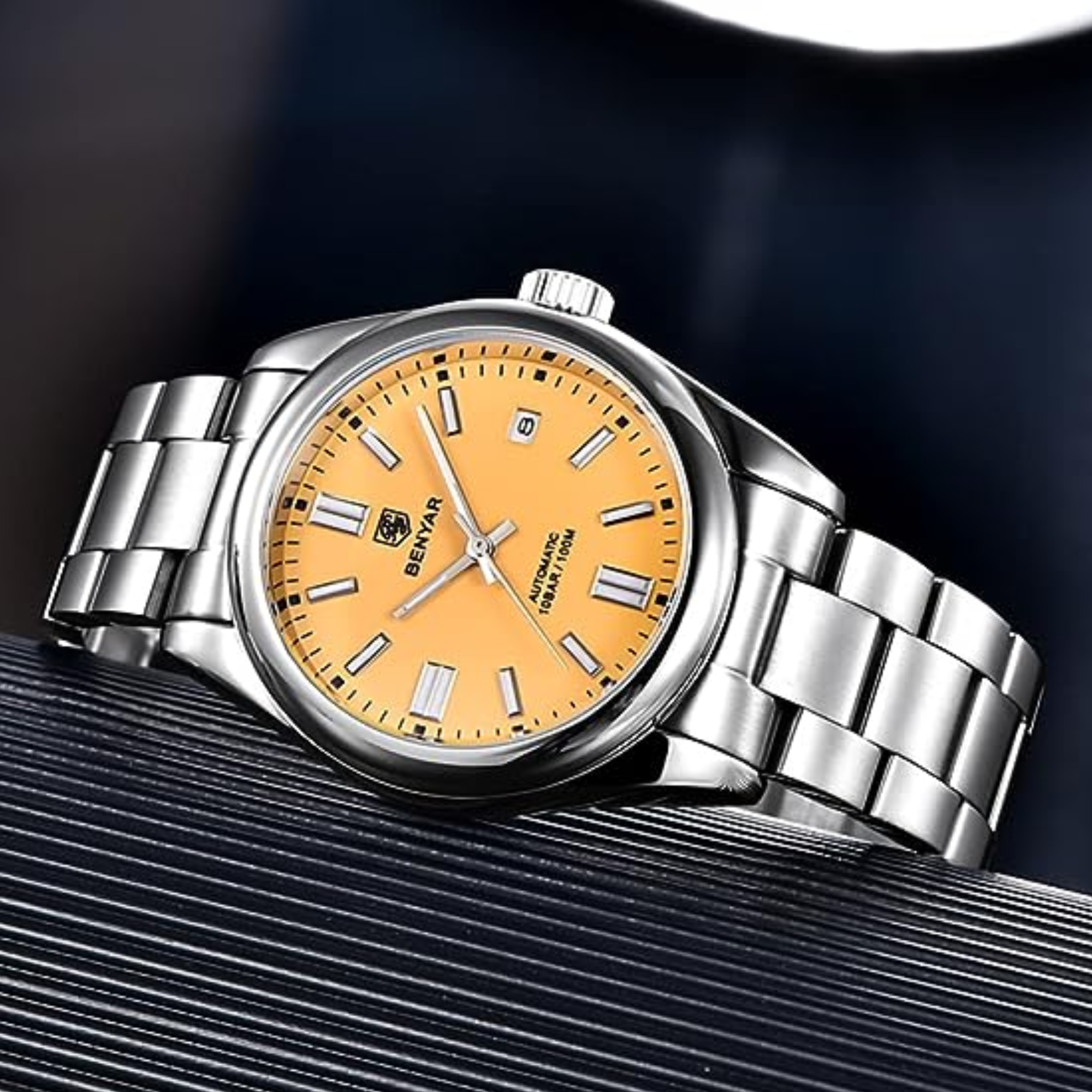 BENYAR Classic Men's Watch Stainless Steel Strap Waterproof Luminous Simple Business Sports Wristwatch - Yellow Dial