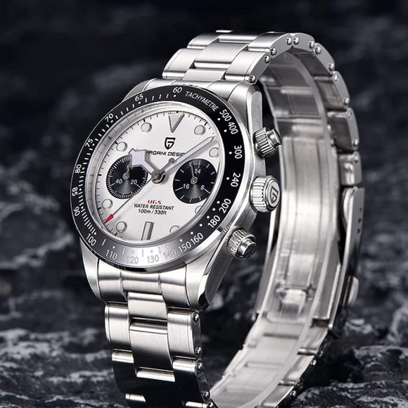 Pagani Design PD-1718 Panda Dial Men's Chronograph Watches Japan VK64 Movement Stainless Steel 100M Waterproof Men Fashion Casual Watch - White Dial