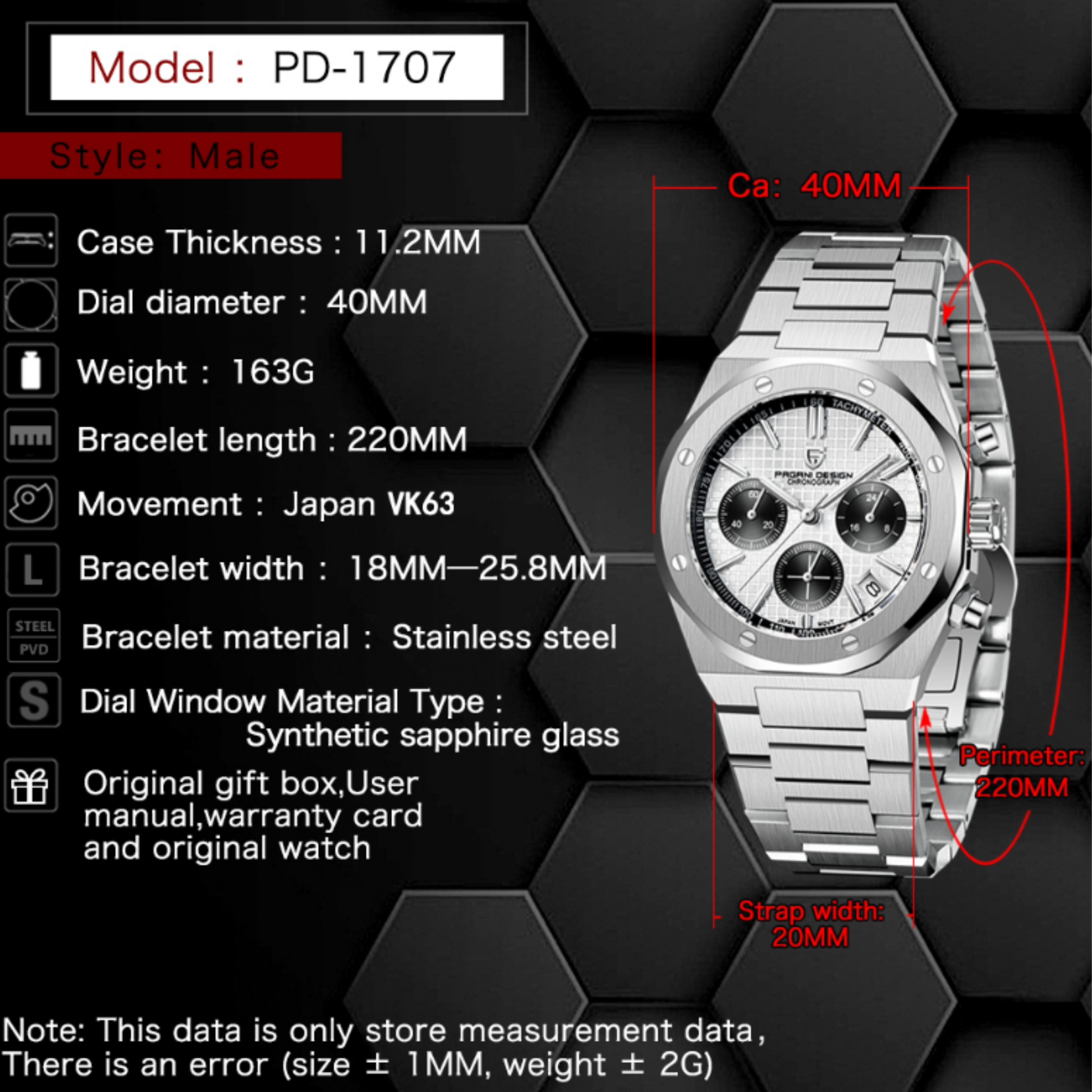 Pagani Design PD-1707 Royal Oak Men's 40mm Seiko VK63 Movement Watch 100M Waterproof Sapphire Crystal Stainless Steel Luminous Watch - White Dial