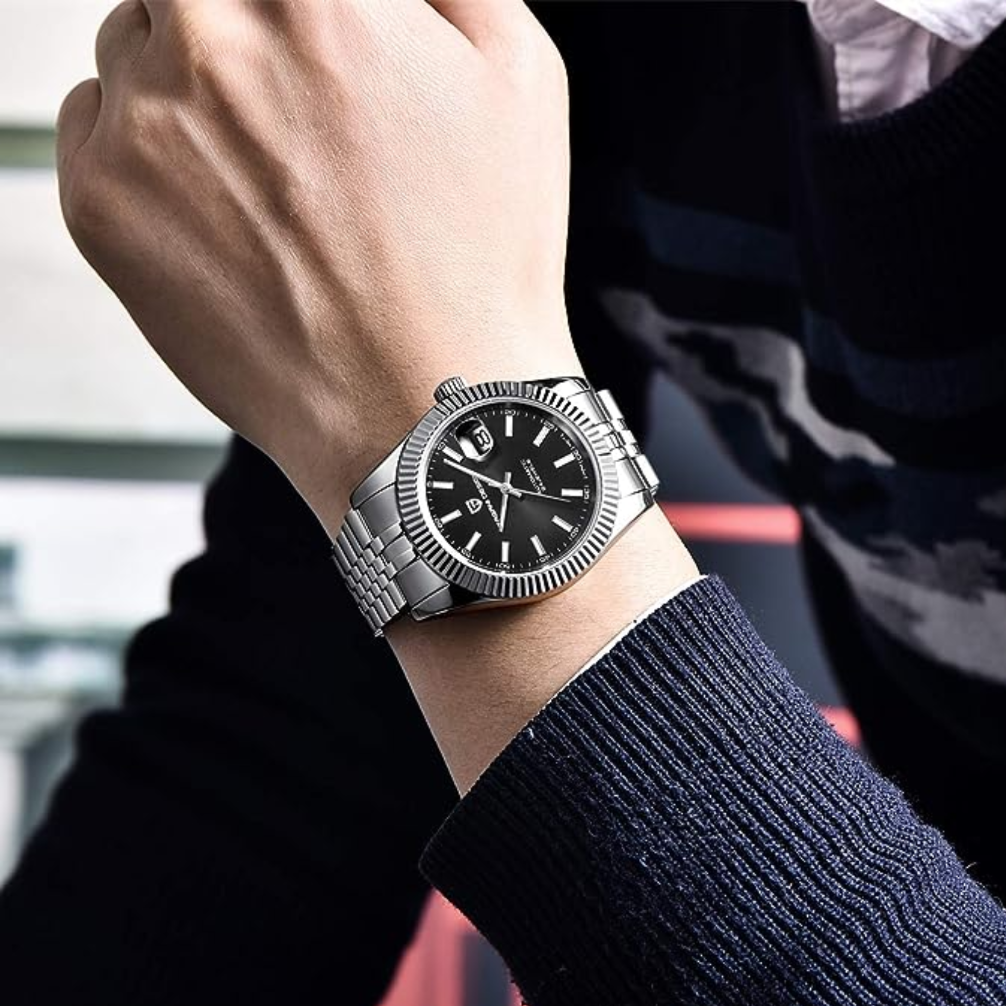 Pagani Design PD-1645 DateJust (Seiko NH-35A Automatic Movement) Mechanical Watch 200M Waterproof Watch Stainless Steel Watch Fluted Bezel (Black Dial - Jubilee Bracelet)