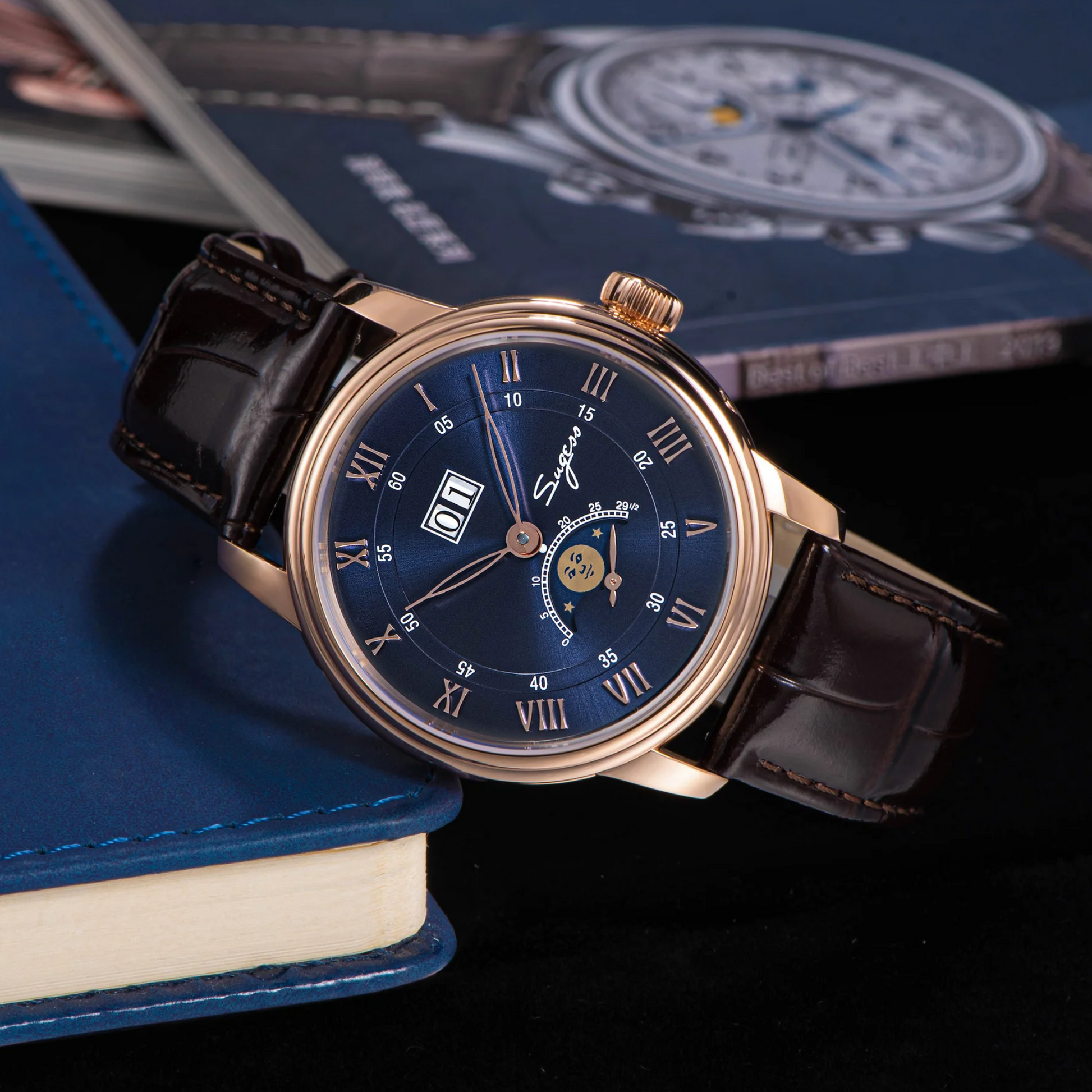 Sugess MoonPhase Master 437 Moon Phase Automatic Rose Gold - Deep Blue Dial