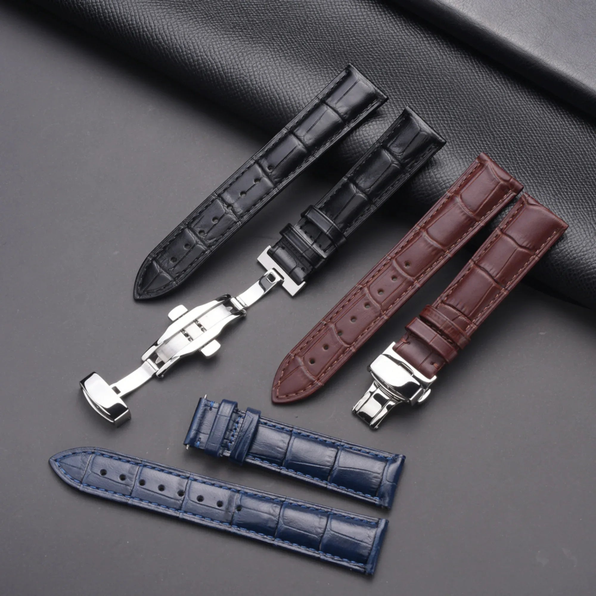 Quality Leather Watch Band/Strap with butterfly buckle Black (20