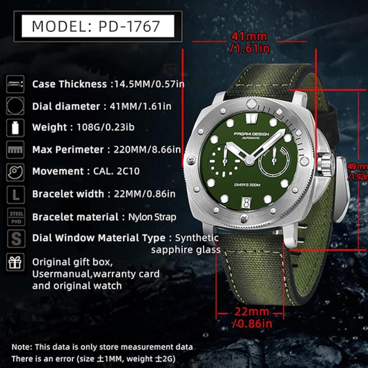 Pagani Design PD-1767 Men's Automatic Watch Waterproof - Military Green