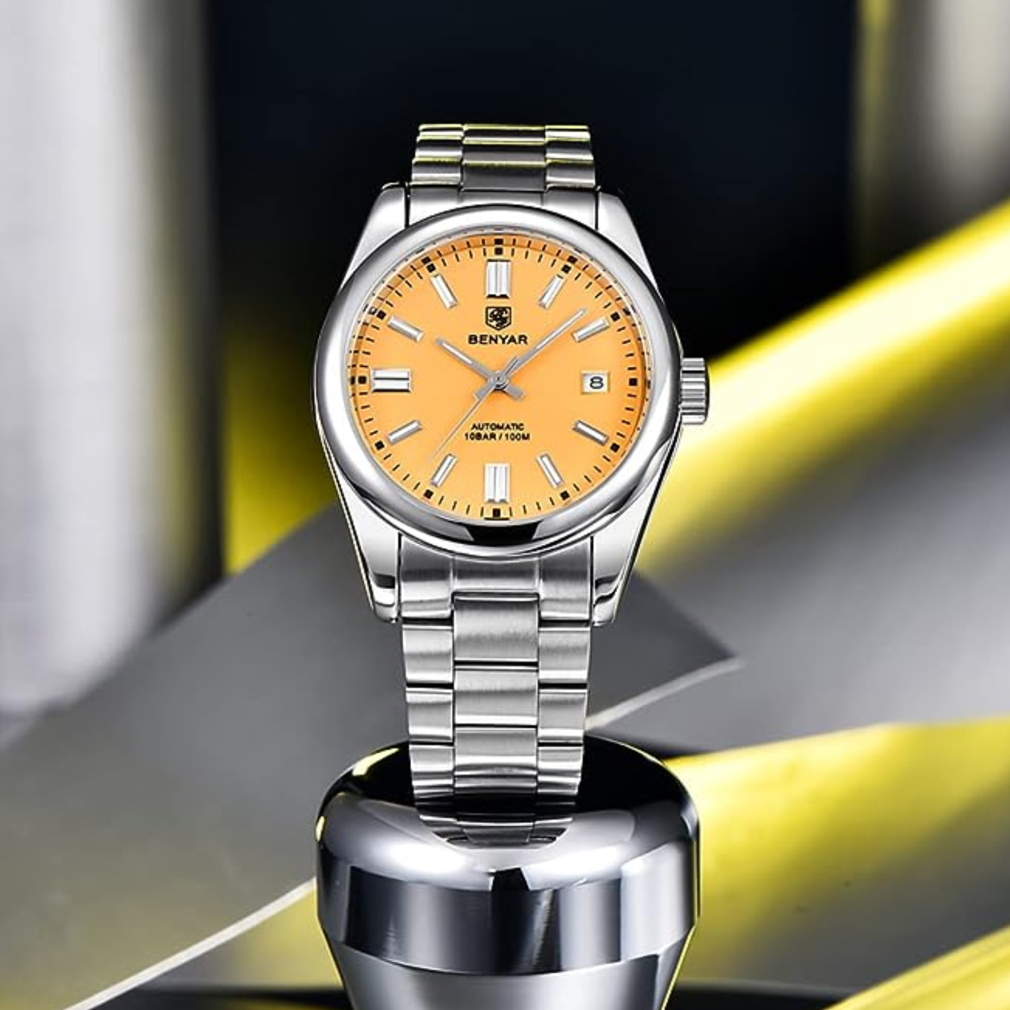 BENYAR Classic Men's Watch Stainless Steel Strap Waterproof Luminous Simple Business Sports Wristwatch - Yellow Dial